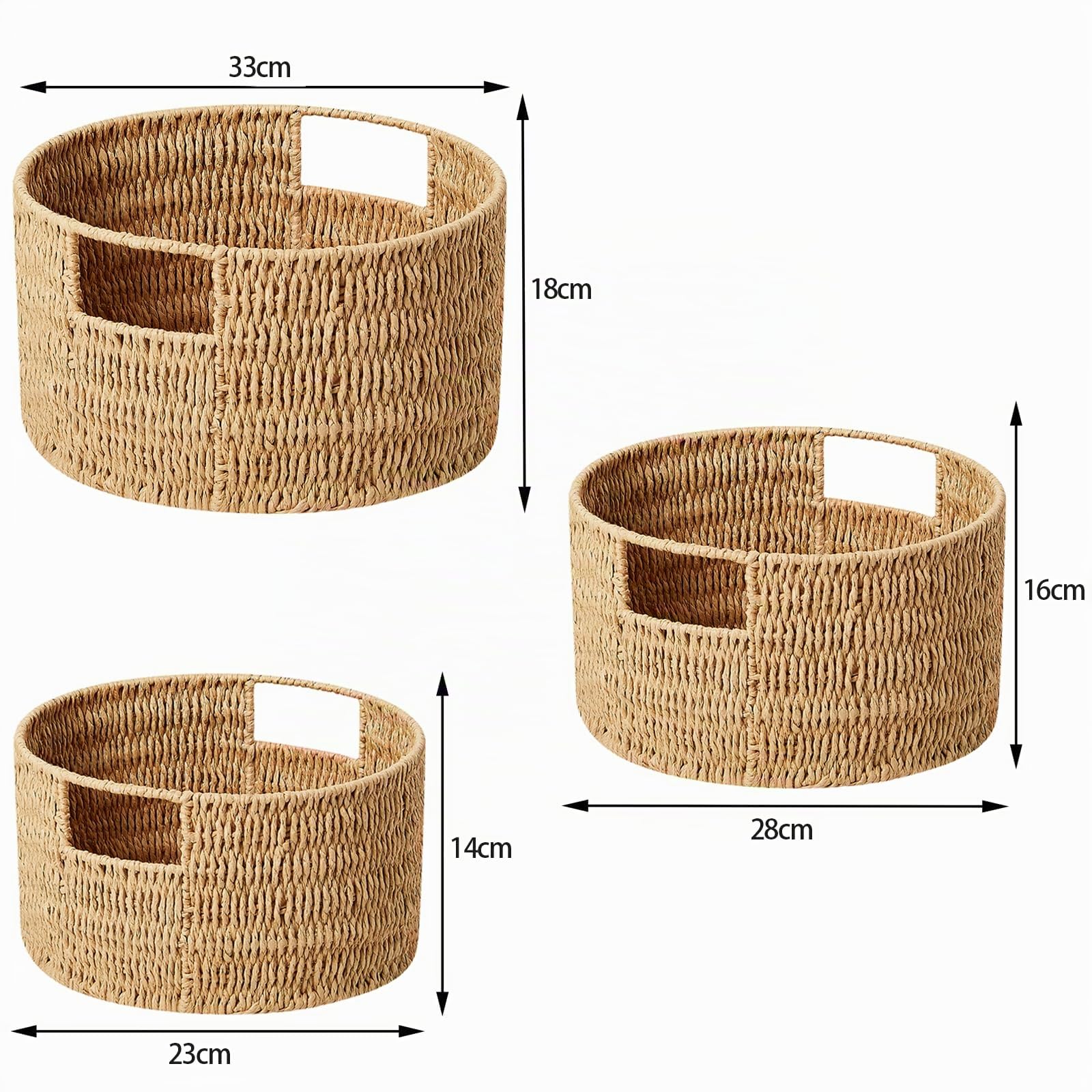 Vagusicc Aufbewahrungskorb rund 3er Set, Decorasian Korb Aufbewahrung mit Holzgriffen, Geschenkkorb leer aus Recyclebarem Papierseil für Schlafzimmer, Badezimmer, Wohnzimmer, Jute