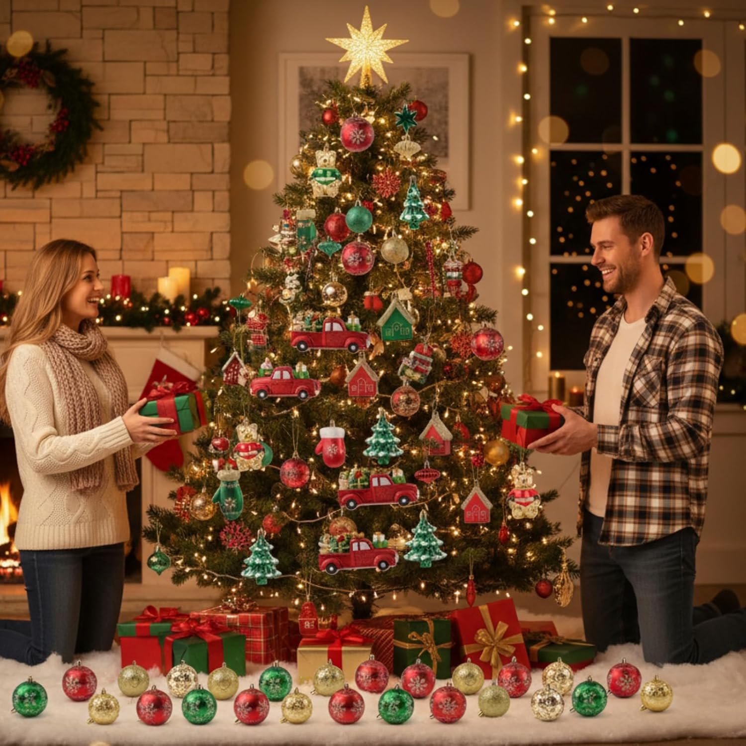 70 Pcs Christmas Ball Ornaments Assorted Shatterproof Hanging Decor for Christmas Tree Decorative Vintage Traditional Ornaments Bulk Holiday Party Decorations (Red,Green,Vintage)