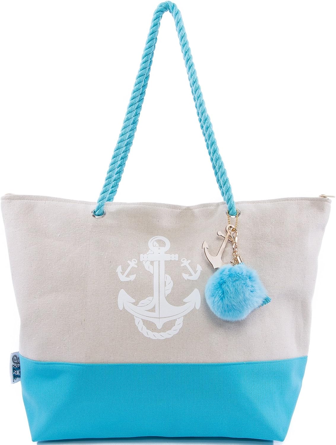 Beach Bag By Pier 17 - Extra Large Canvas Beach Tote, Top Zipper Closure, Rope Handles, 2 Inner Pocket, Wooden Charm, Pom Pom, Built-In Inner Backing for Extra Durability - L21"xH15"xW7" Blue-Anchor