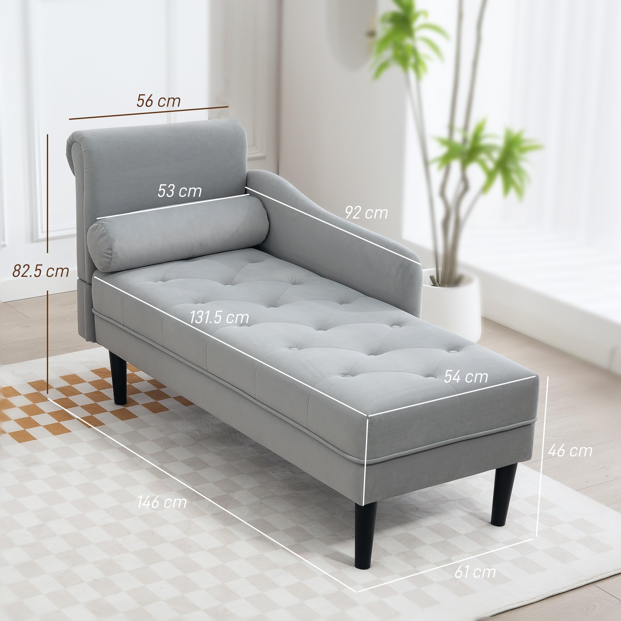 HOMCOM Chaise Longue Trapuntato con Cuscino e Bracciolo Sinistra in Velluto, Divano Imbottito, Poltrona Chaise Longue con Gambe in Legno Massello per Soggiorno, Ufficio e Salotto, Grigio