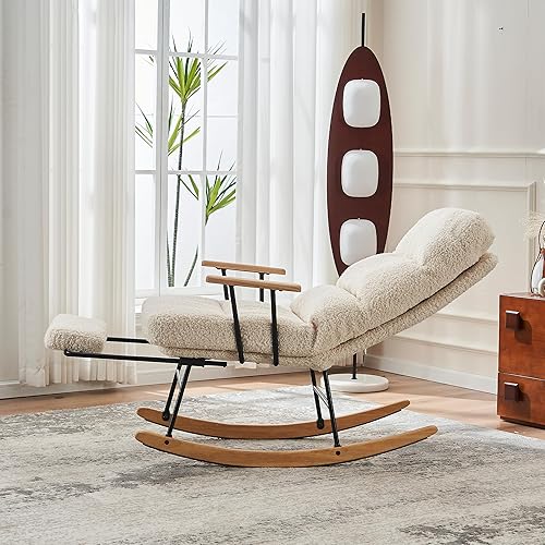 Miniatura 4 de Mecedora para guardería, mecedora deslizante de tela de terciopelo con respaldo alto ajustable, mecedora moderna para interiores con reposapiés