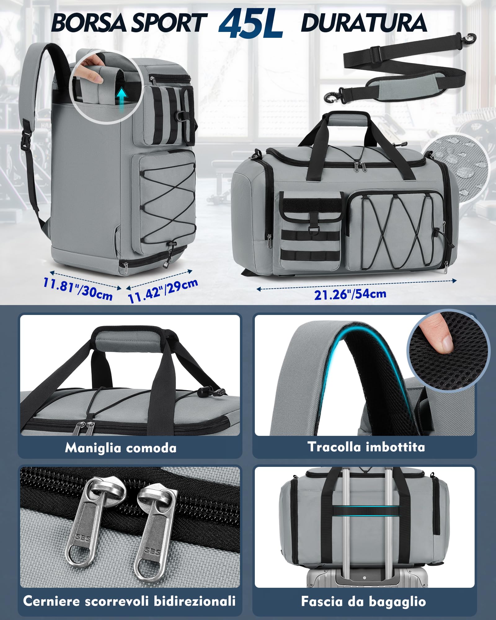 RAINSMORE 45L Borsone Palestra Uomo Donna 3 in 1 Trasformabile in Zaino Borsone da Viaggio con Scomparto Scarpe e Tasca Umida Borsa Sportiva per Fitness Nuoto Yoga Weekend Grigio