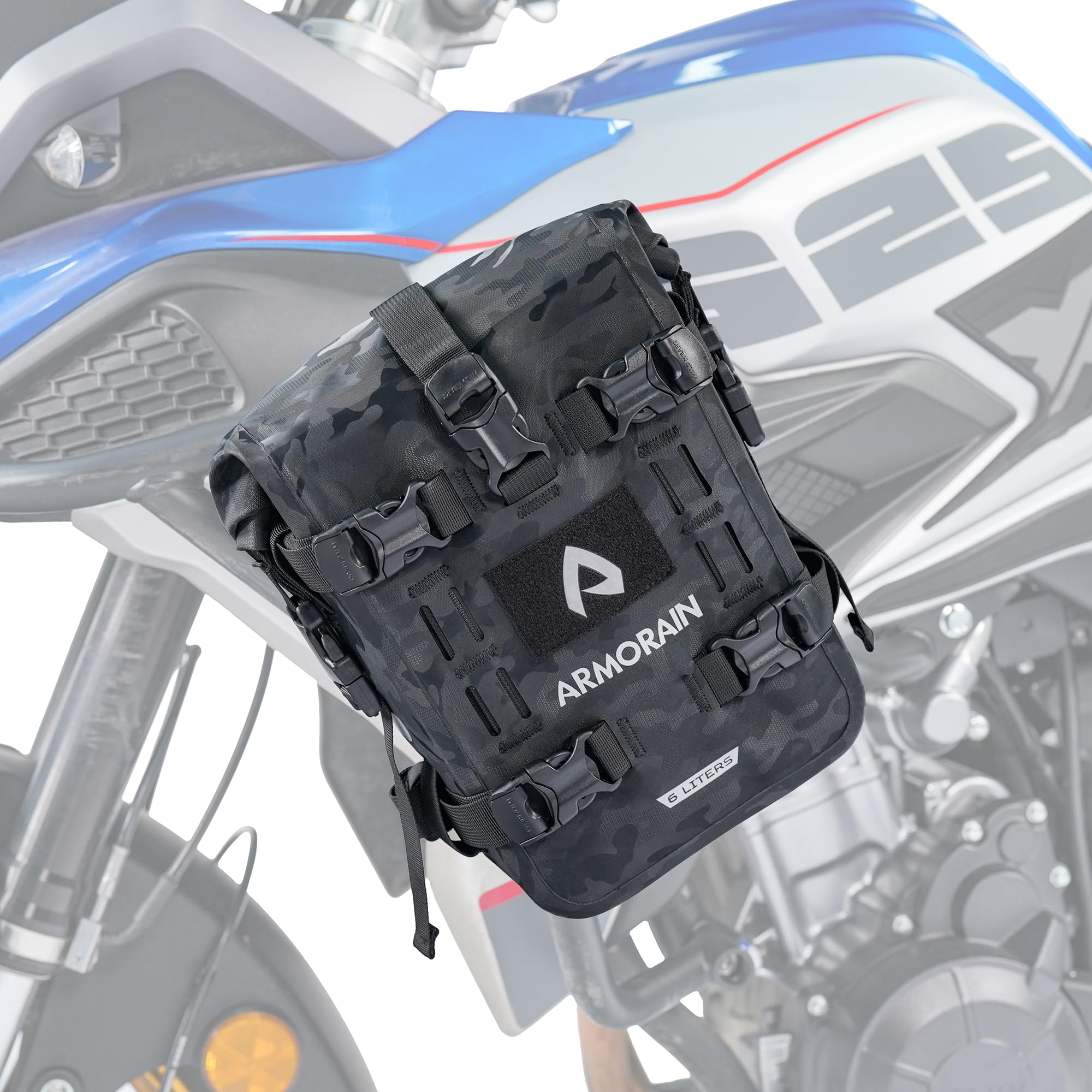 ARMORAIN バイク用クラッシュバーバッグ 防水 収納容量 6L/8L バンパーパック テールバッグ ユニバーサルモーターキット (6L Black Camo)