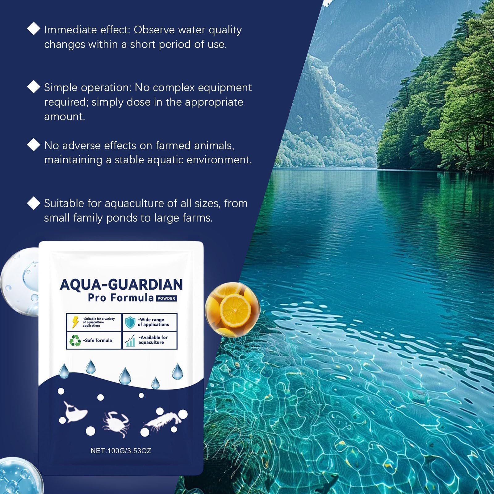 Aqua Guardian Pro Formule pour étang, soin aquatique, poudre d'aquarium, mélange facile, clarificateur pour aquarium, crevettes, crabes, eau de bassin