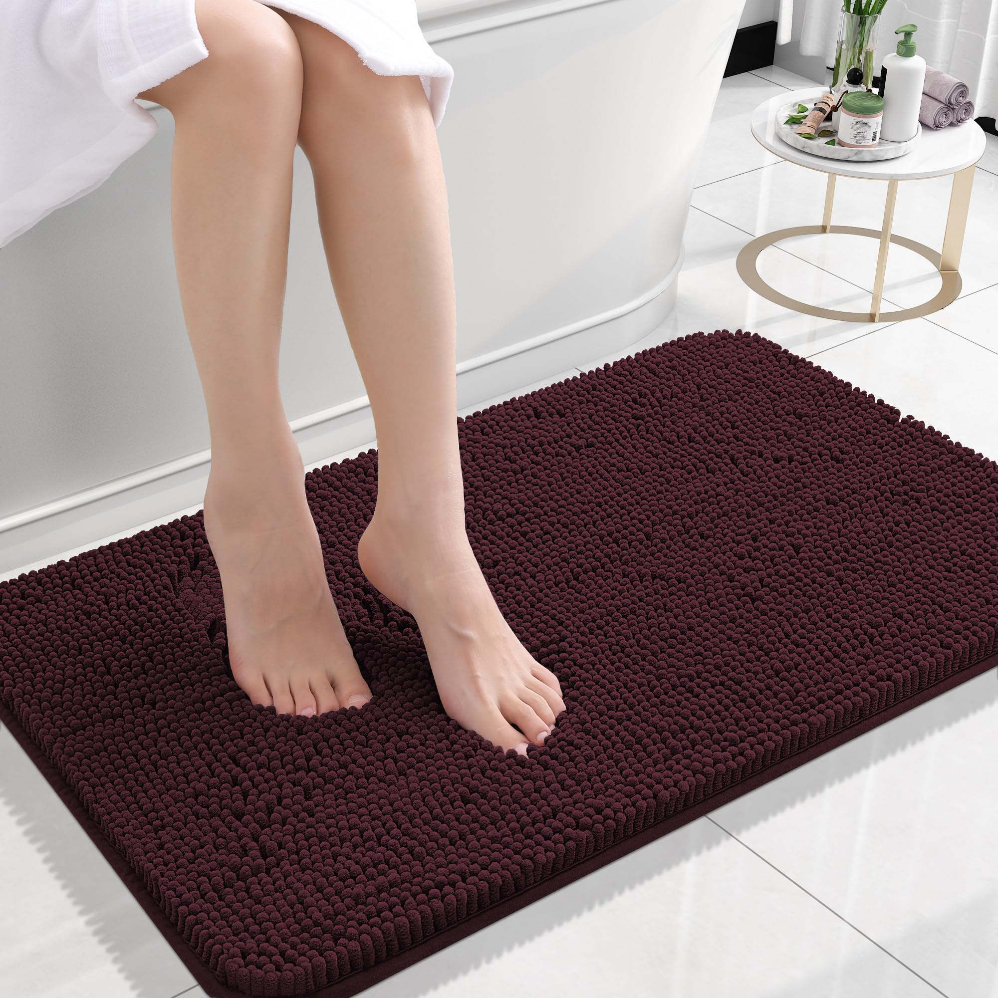 OLANLY Small Bathroom Rugs 24x16, Extra Soft Absorbent Chenille Bath Rugs, Rubber Backing Quick Dry, Machine Washable Bath Mats for Bathroom Floor, Tub and Shower, Home Decor Accessories, Black Cherry | Black Cherry, Quick-Drying Rubber Backing, Washable Bath Mat for Bathroom Floor, Tub and Shower, Home Decor Accessories