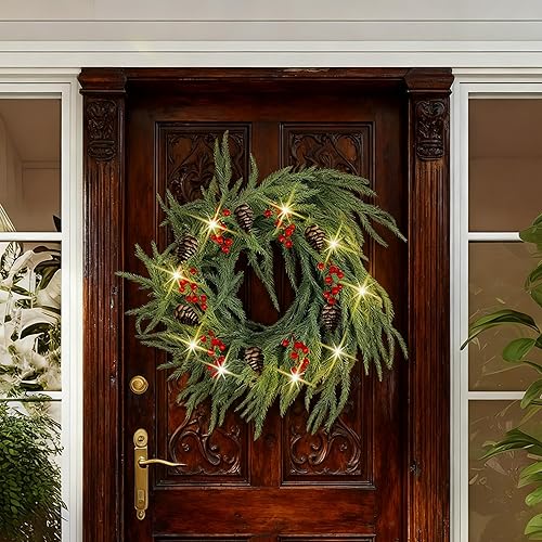 Miniatura 6 de Guirnalda de Navidad de 6 pies con luces, 30 luces cálidas con 2 modos, guirnalda de Navidad preiluminada con conos de pino, guirnalda para manto,