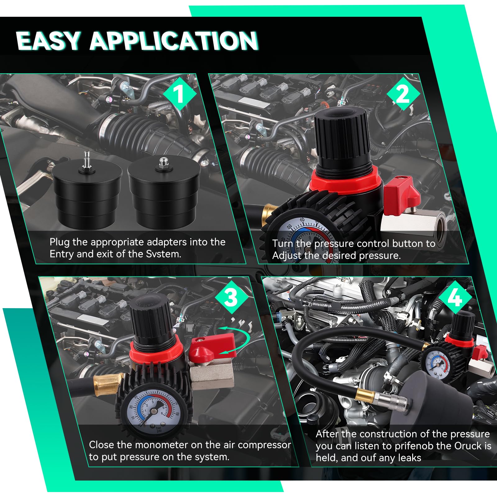 OiLiehu Tester di Tenuta Turbocompressore con 4 Adattatori - Kit Prova Pressione per Intercooler, Tubazioni Aria e Sistema Sovralimentazione Auto - Adattatori per Tubi da 35 a 89 mm