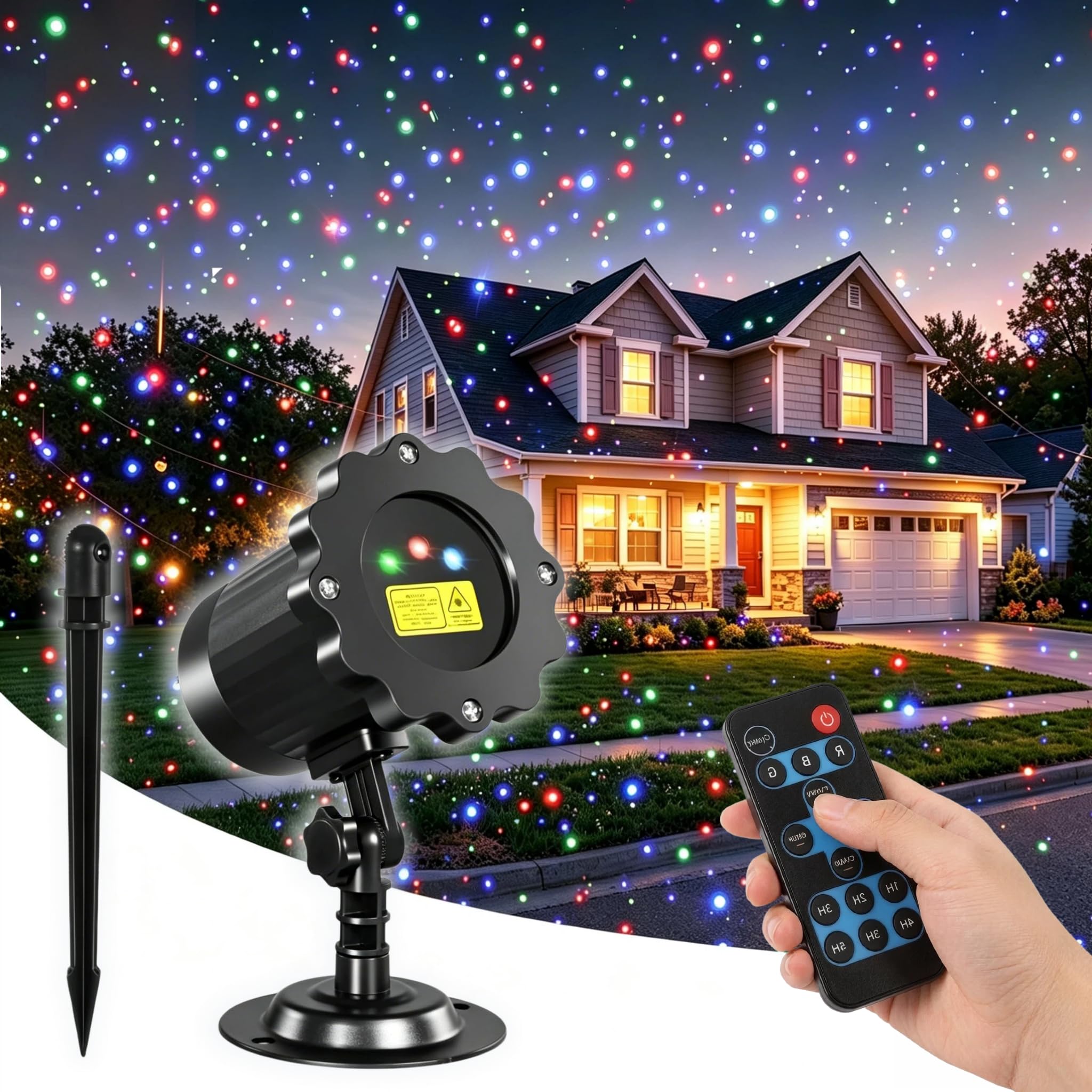 Laser Christmas Projector Lights Outdoor, 3 Colors Moving Starry Lights Show with Remote Control, Holiday Decorations Outside with 16.5ft Cord, IP65 Waterproof-for Halloween/Garden/Party