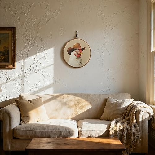 Miniatura 5 de DOFQZ Decoración de pared redonda de pollo occidental, arte de pared enmarcado del suroeste de campo, lienzo retro de pollo vaquero para colgar en