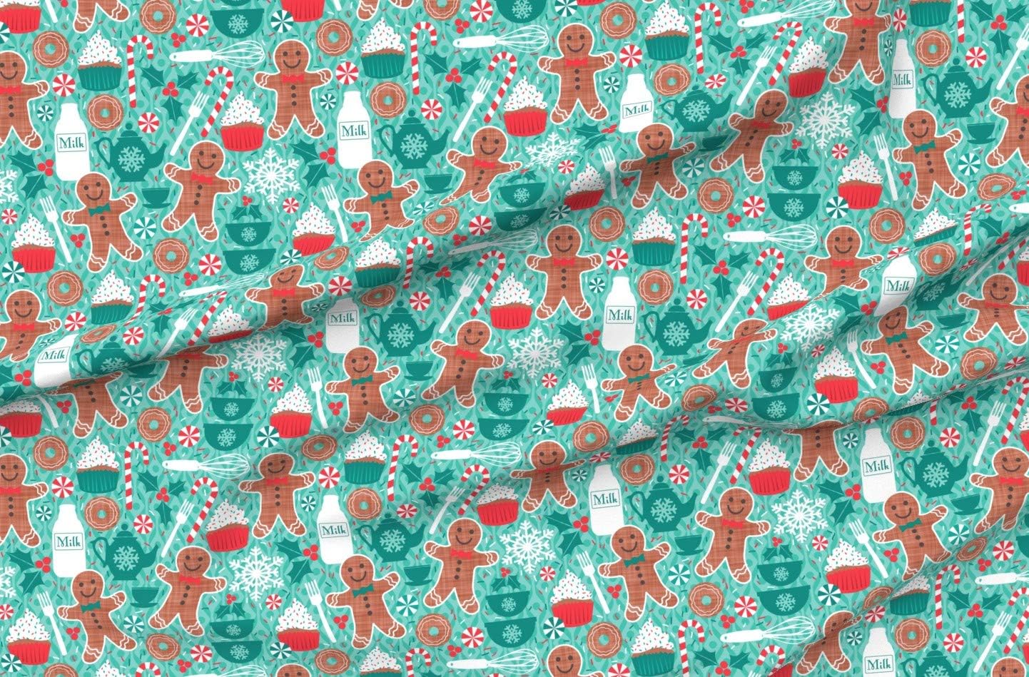Spoonflower Fabric - Gingerbread Christmas Treats Cookie Cupcake Candy Sweets Aqua Baking Printed on Organic Cotton Sateen Fabric by The Yard - Sewing Quilting Apparel Home Decor