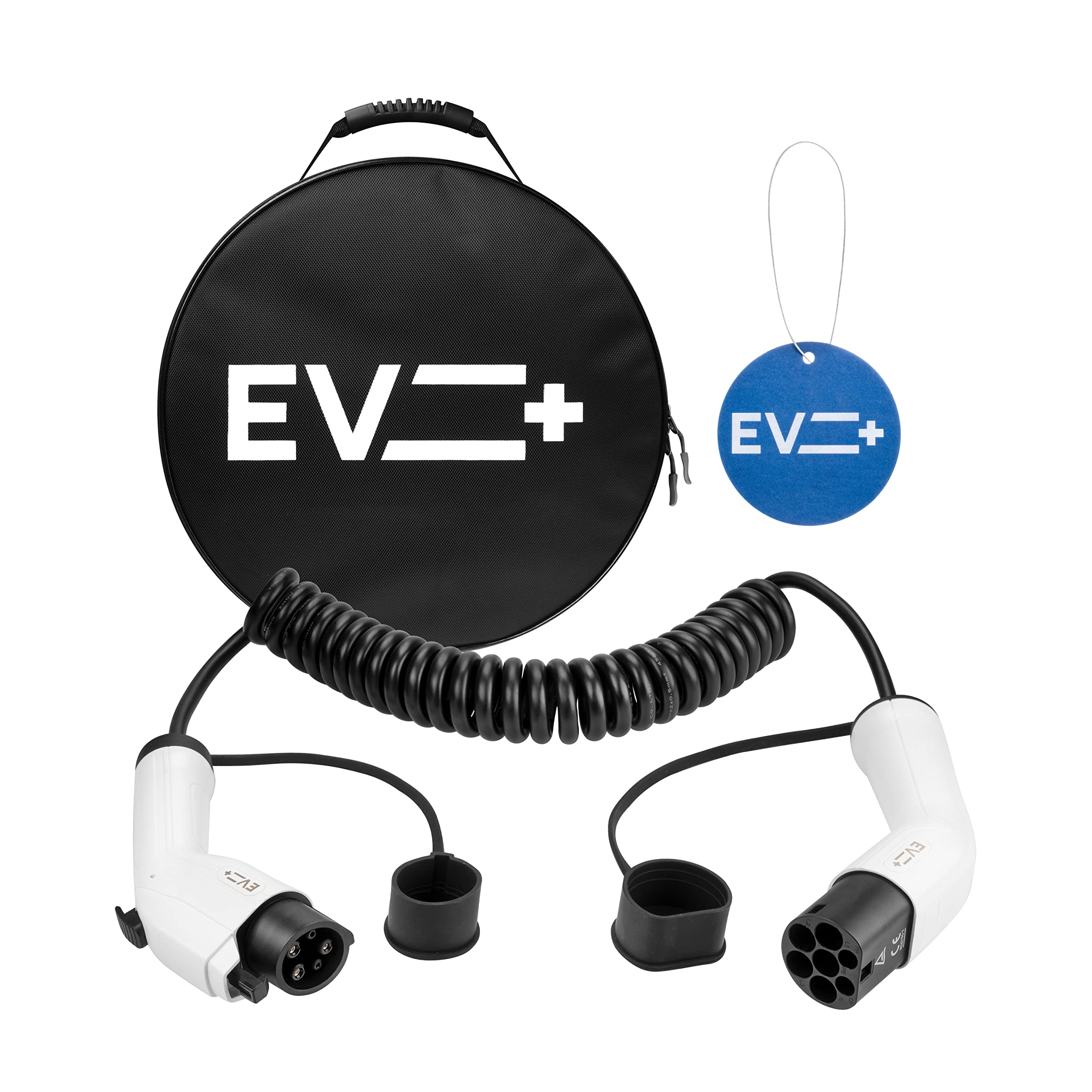 EV + Cable de carga para vehículo eléctrico - Tipo 1 a Tipo 2 de 3 metros PHEV Cable de carga - 1 fase 32A (7,2 kW) Negro en espiral - Bolsa de transporte gratis CE IP55