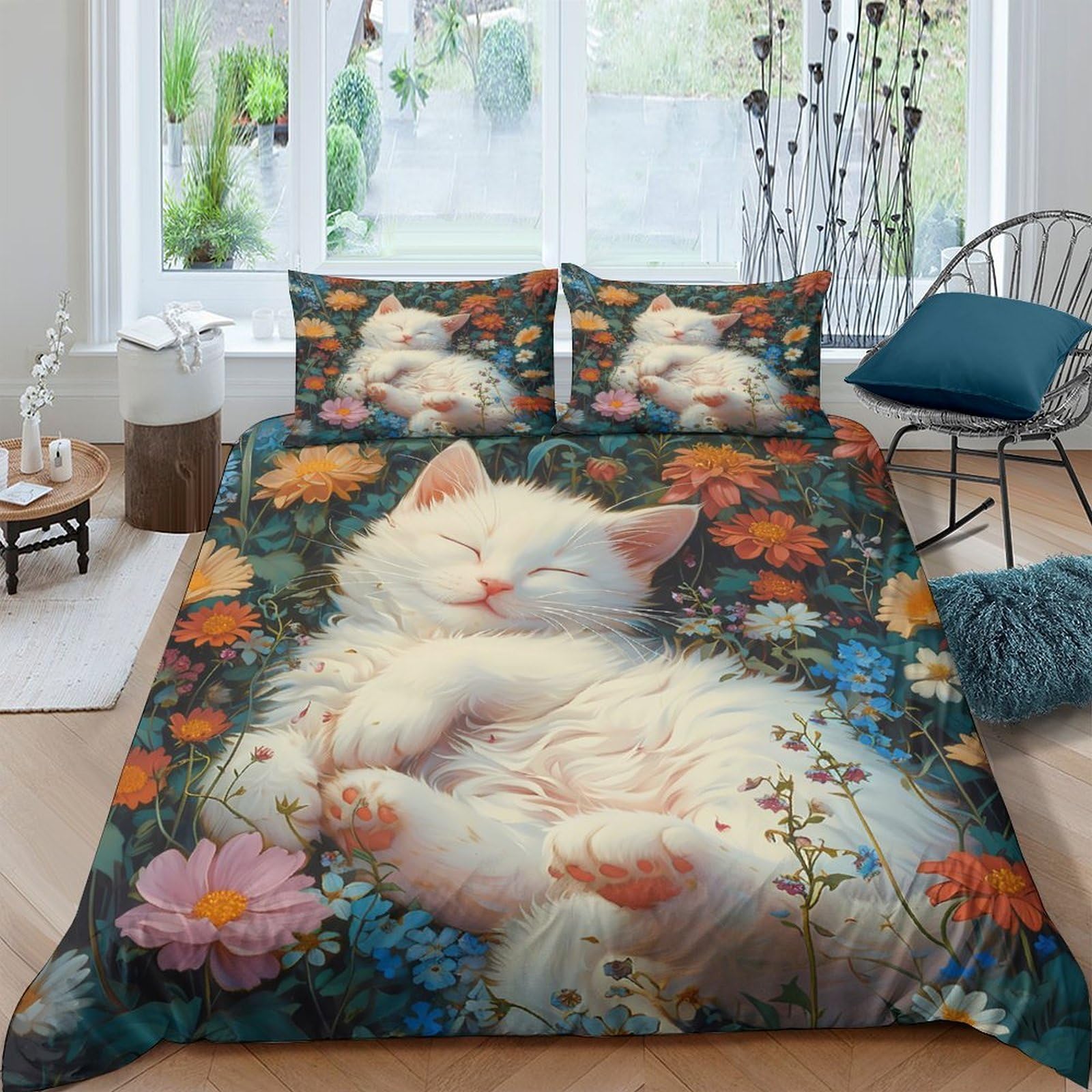 Ctjqhvkz Style-1 3D Printed Sleeping Cat Fitted Sheet Microfiber Soft Floral Meadow Mattress Cover For Bedroom Dorm Home Decor Single（135X200cm）