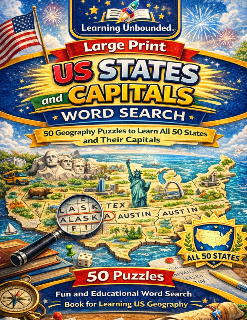 50 Geography Puzzles to Learn All 50 States and Their Capitals: Large Print US States and Capitals Word Search for Kids