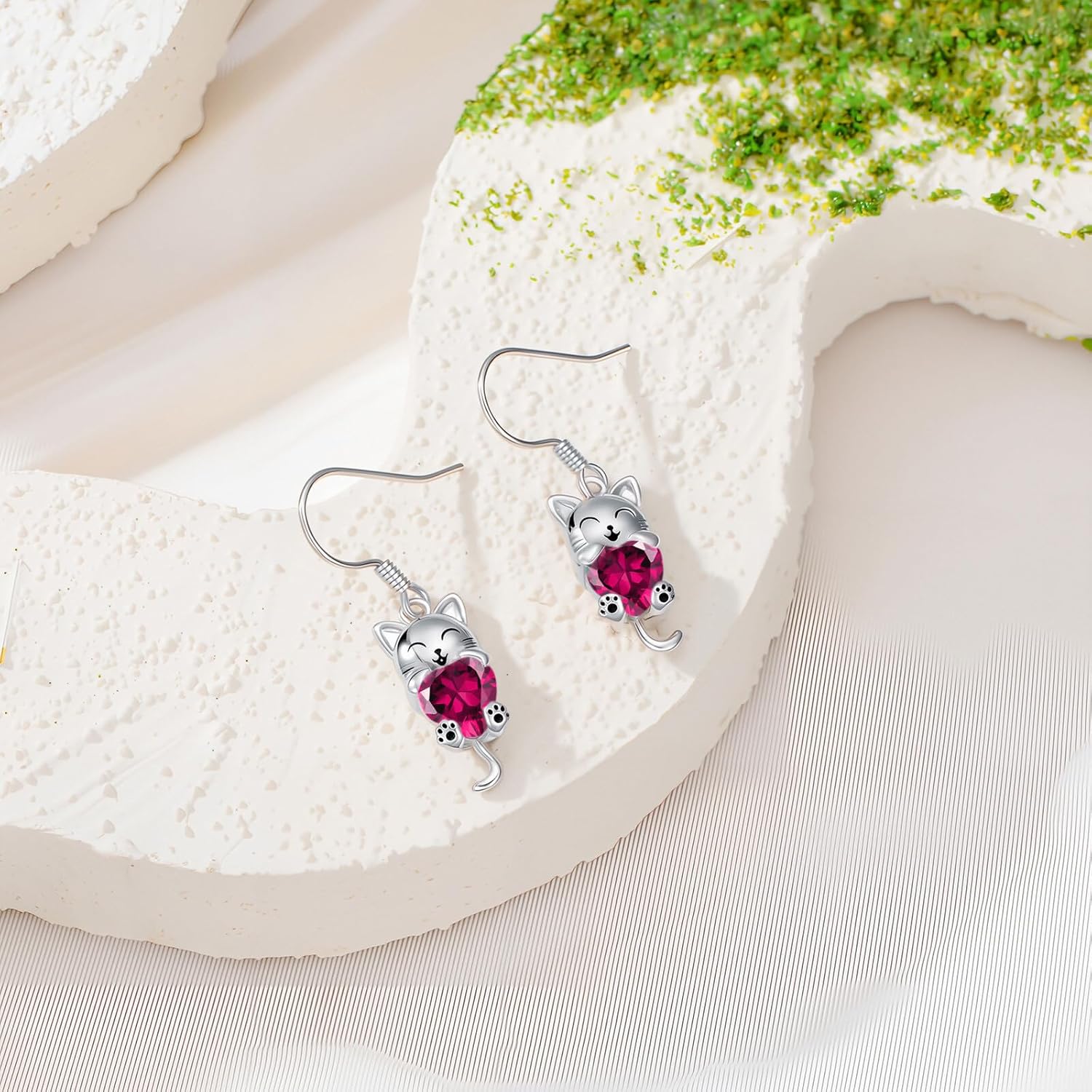 LONAGO Cat Earring with Synthetic Birthstone Cat Dangle Earrings Gift for Women - Image 2