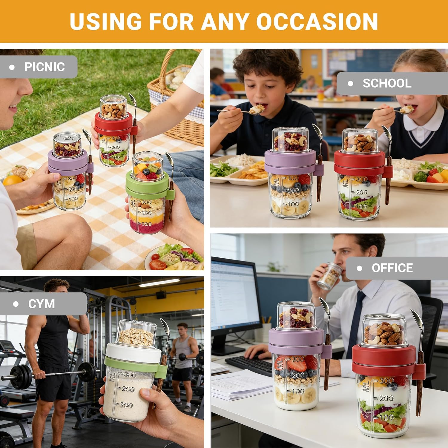 16+4 OZ Glass Mason Jars,Overnight Oats Containers with Lids and Spoon,Removable Independent Compartment,Large Capacity Airtight Jar for Milk, Fruit,Cereal,4 Pack(Purple/Green/White/Red)