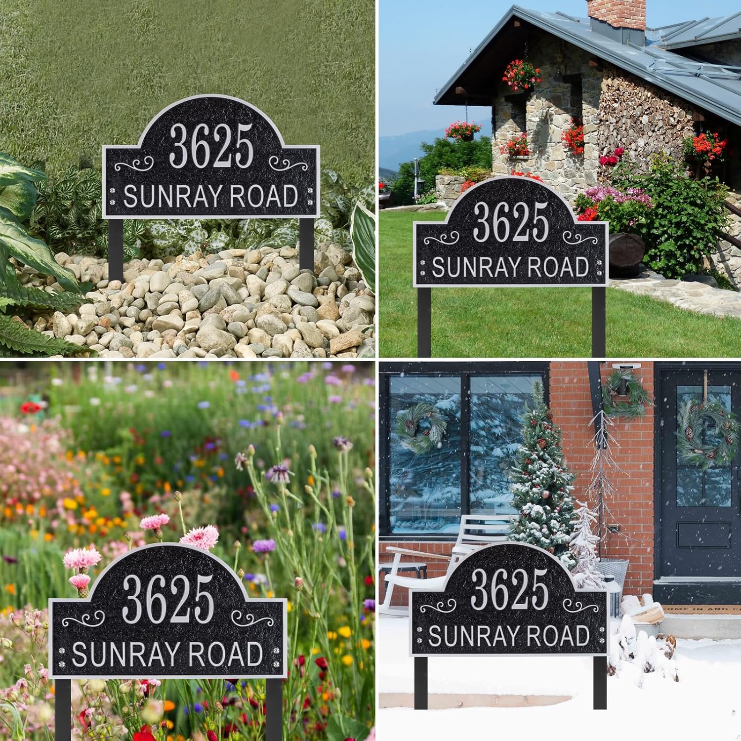 Address Plaques for House - LAWN MOUNTED,Engraved Metal with 2 Stakes Customized House Numbers Sign for Outside Store,Yard,Garage,Apartment, Arch Style(Black/Silver)