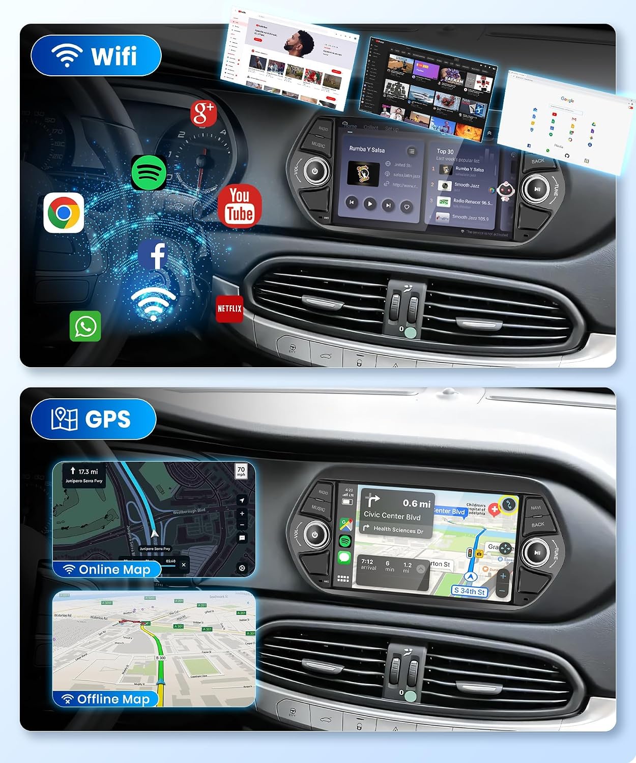 Screenshots showing Wi-Fi connectivity and GPS navigation with online and offline maps