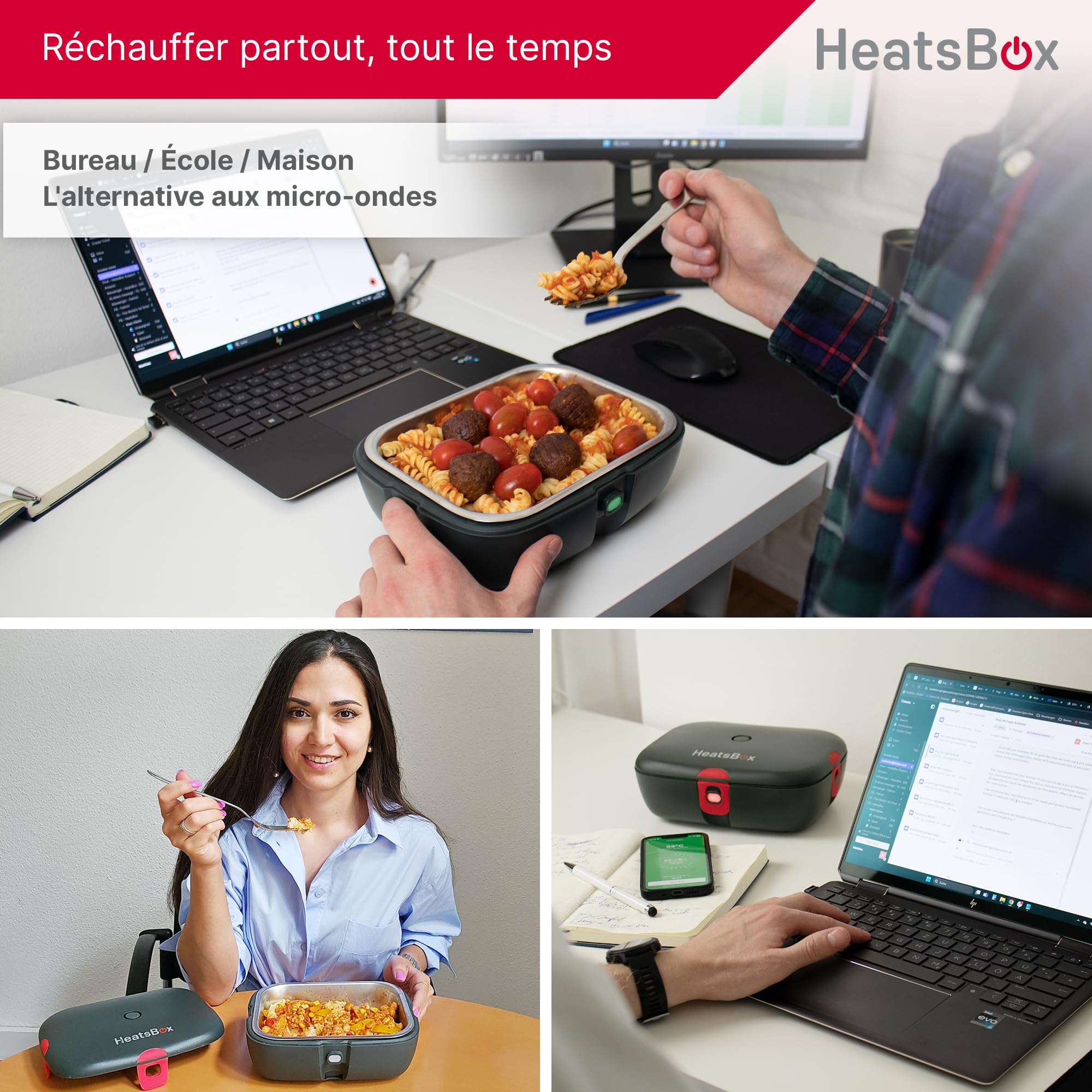 Faitron HeatsBox Style+ - Boite Chauffante Repas Électrique Mobile, Sans BPA, Contrôle par Application, Bol Anti-Fuite Gamelle Chauffante en Acier Inoxydable (925 ml), Gris