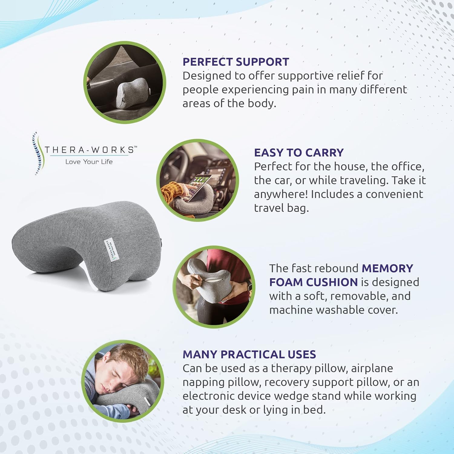 Thera-Works Handy Sleep Bolster Pillow - Arm, Knee, Leg, Hip, Back, and Joint Relief - Travel Wedge Pillow with Memory Foam Support for Sleep, Work, and More - Soft & Plush Feel (One-Size Fits Most) : Home & Kitchen