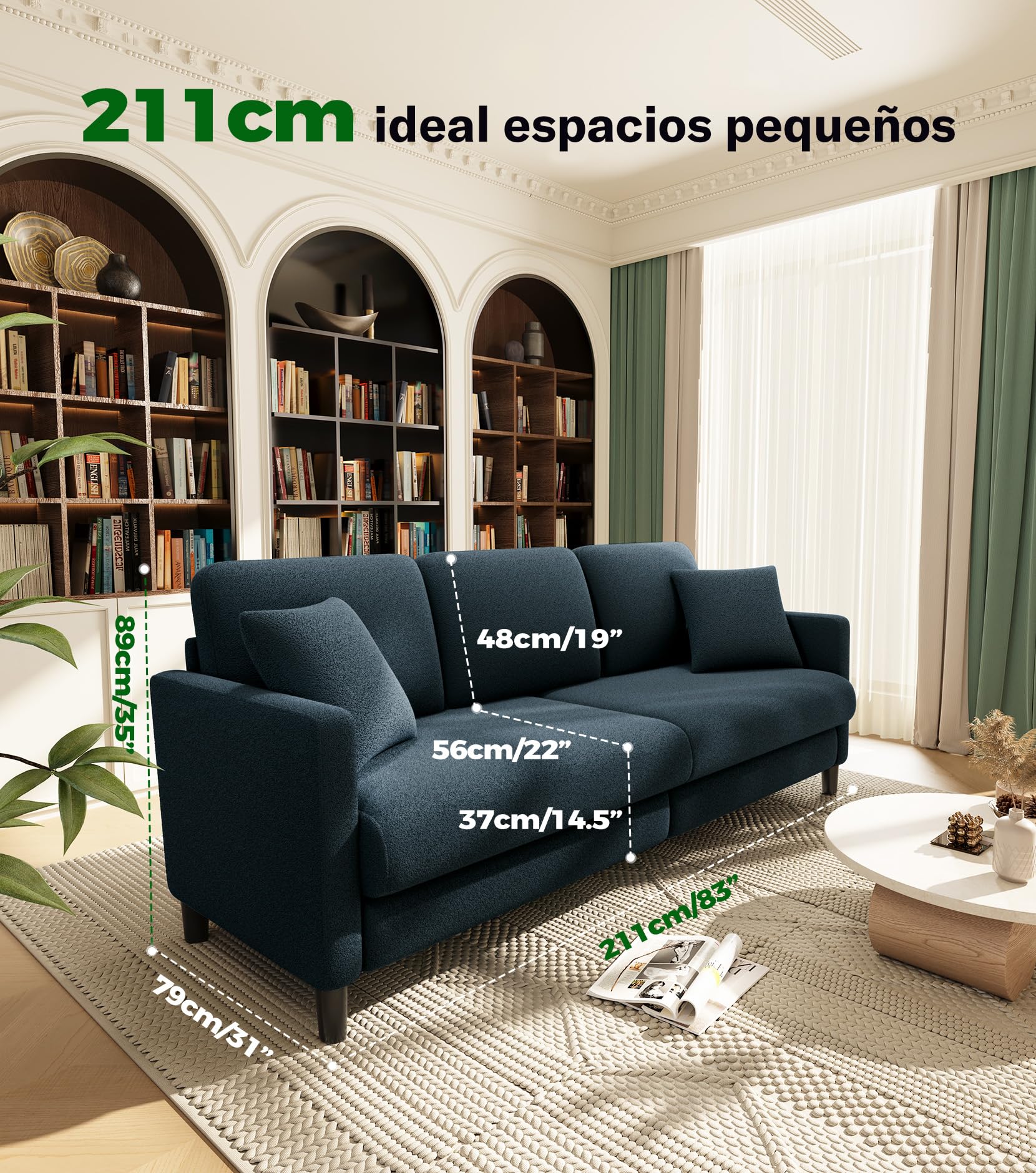 Welzona Sofá de 211 cm, 3 plazas, cómodo Forro Polar de Peluche, sofá de construcción sin Herramientas, pequeño con 2 Cojines incluidos, Azul
