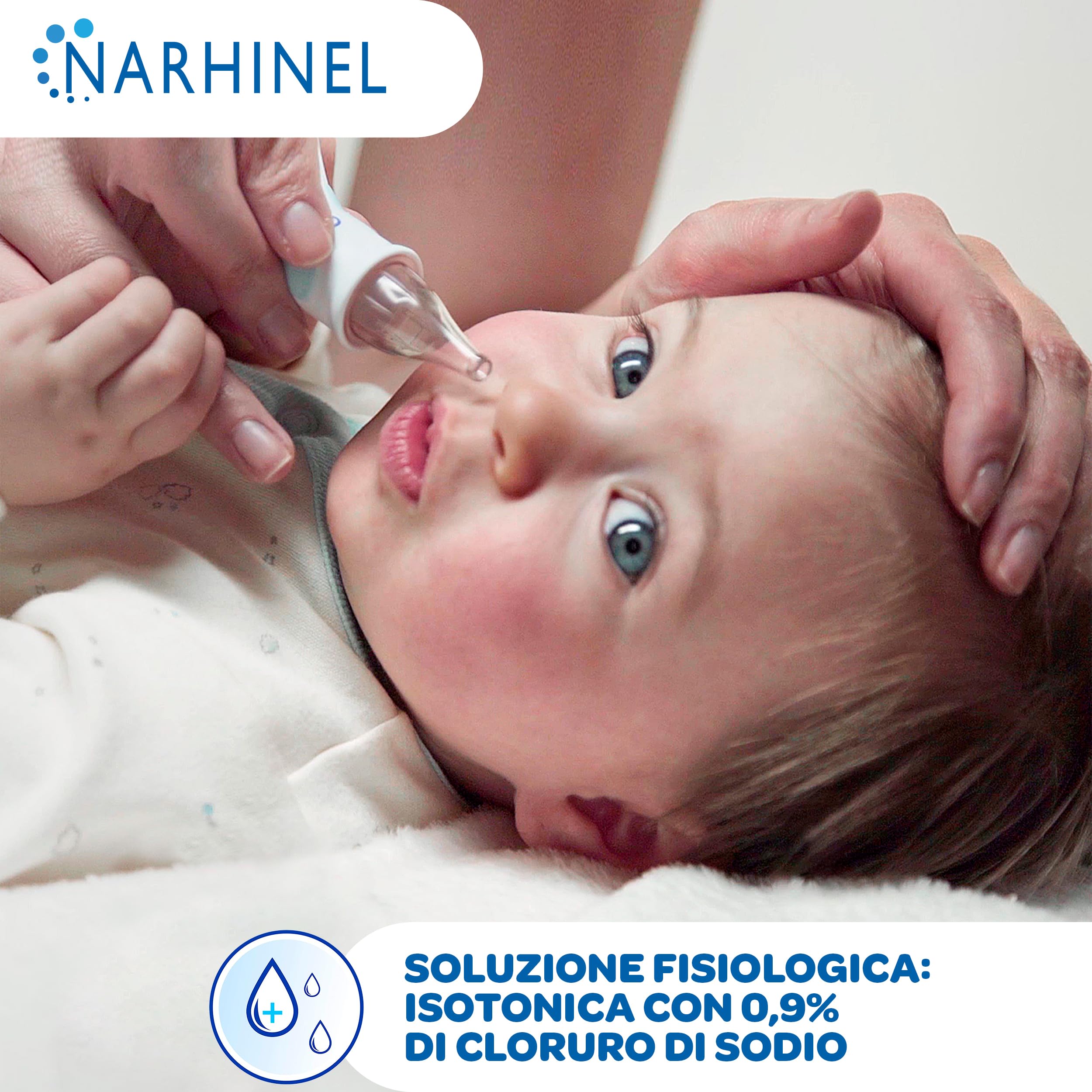 Narhinel Soluzione Fisiologica MAXI FORMATO da 120 flaconcini per lavaggi Nasali, Soluzione Salina Isotonica, Detersione Delicata in Caso di Naso Chiuso, Pacco da 120 Flaconcini Monodose da 5 ml