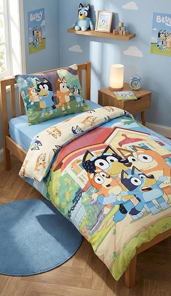 Parure da letto per bambini Bluey – copripiumino 100 x 135 cm e federa 40 x 60 cm – 100% cotone – certificato Oeko-TEX – design reversibile Famiglia Heeler – letto per neonato/junior - 1