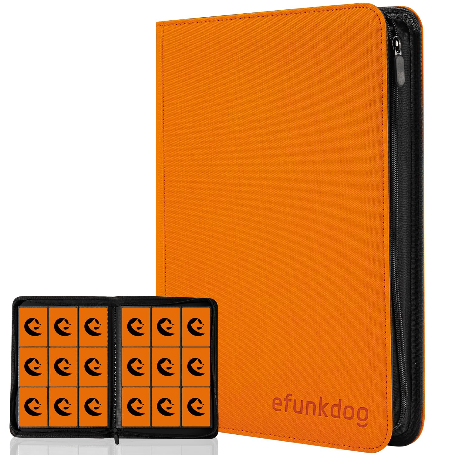 efunkdog Trading Card Binder, 9 Pockets Card Album Folder, 360 Side Loading Pocket PU Cover with Zipper Binder for TCG, Sport Cards (Orange)