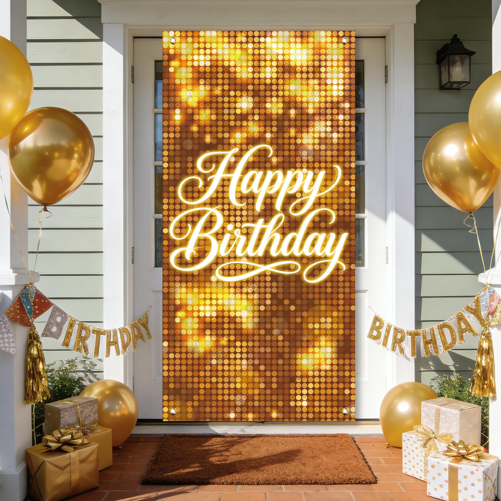 arricraft 1 Pc Golden Birthday Door Cover, Happy Birthday Theme Pattern Backdrop Banner Decoration for Indoor Outdoor Porch Home Decor Accessories
