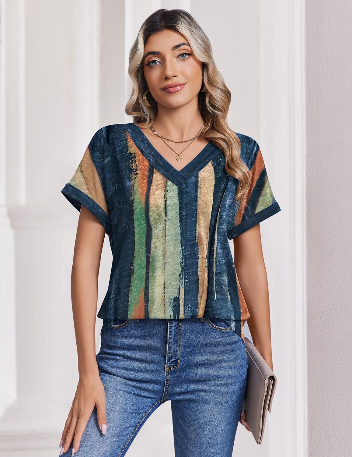 Zeagoo Womens Summer Tops Rolled Short Sleeve V Neck Shirts Casual Dressy Business Work Blouses Outfits - Image 5