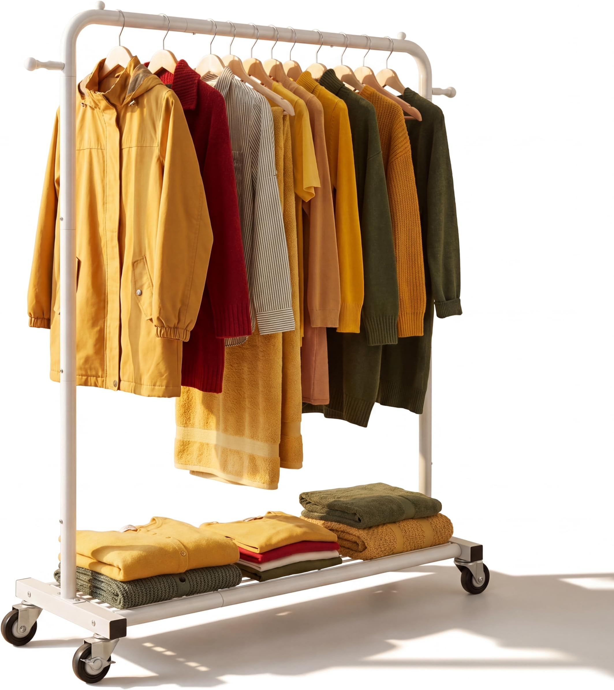 Clothing Rack on Wheels with Mesh Storage Shelf & Sturdy Metal Frame, Rolling Garment Rack for Hanging Clothes, Coats, Skirts, 39.76" L x 16" W x 64.56" H,White