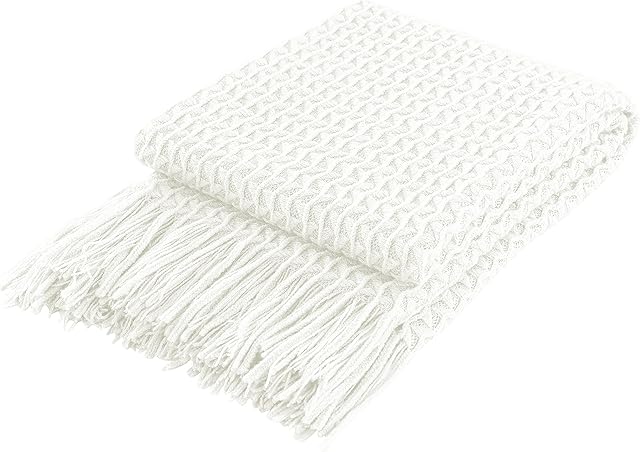 Super Soft Decorative Cream White Knit Throw Blanket for Sofa Couch Chair Bed, Lightweight Travel Blanket Nap Throw, Cashmere-like Soft and Cozy, Delicate Weave Pattern with Fring,127x152cm (Cream)