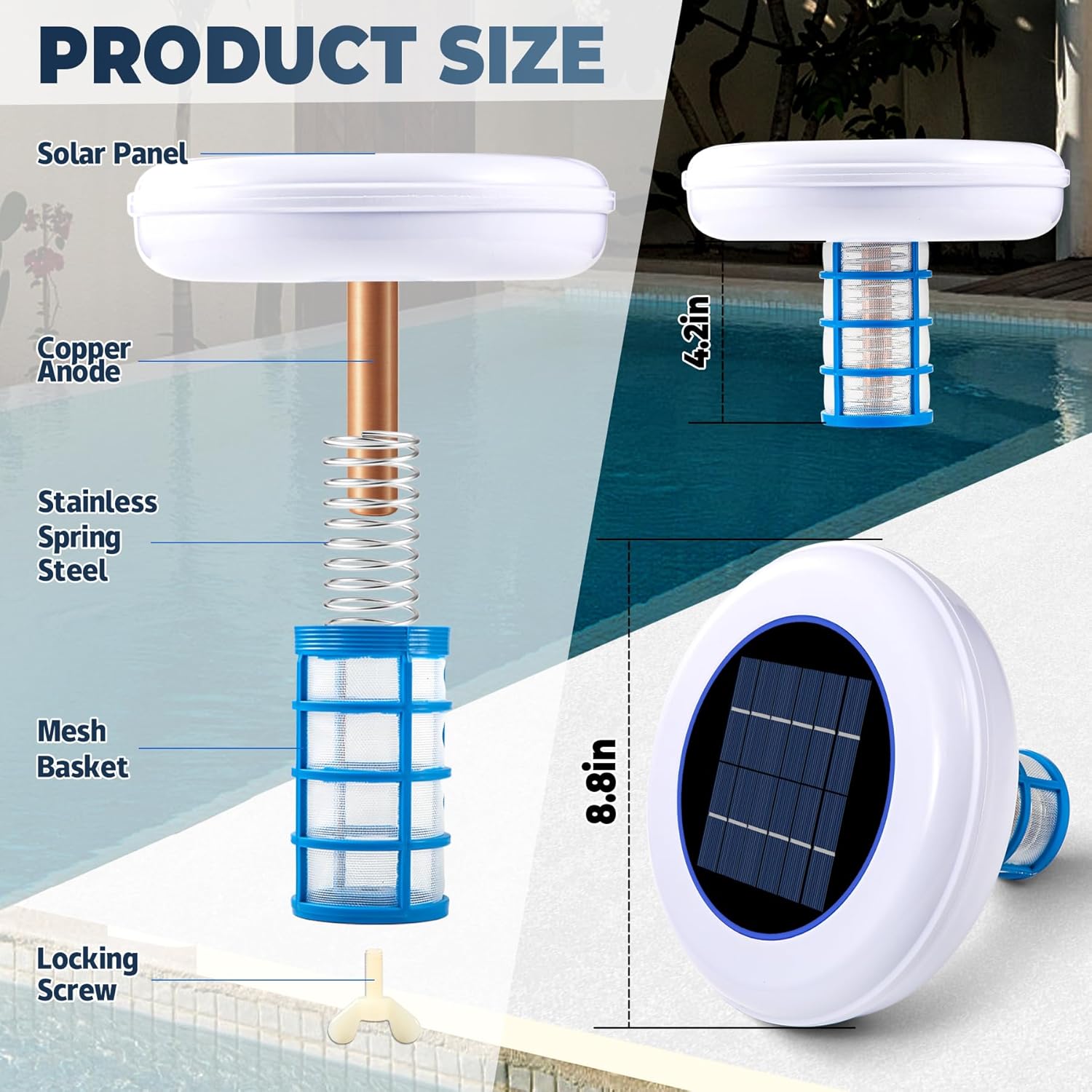 Solar Pool Ionizer Floating Water Cleaner and Keeps Water Clear, Chlorine Free and Eco-Friendly, Compatible with Fresh and Salt Water Pools & Spas (1, Colored Light)