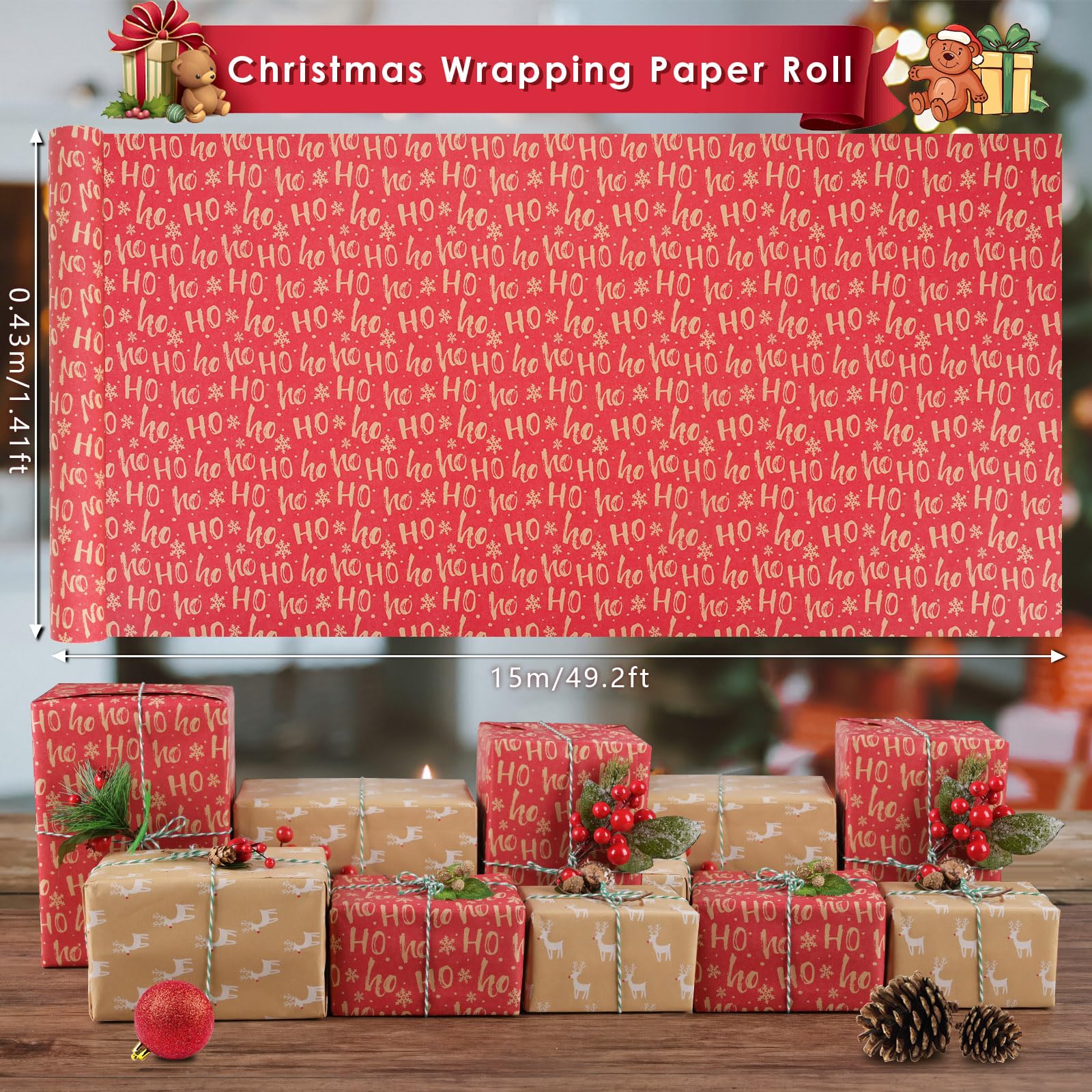 Rotolo Carta Da Regalo Kraft Ecologica Con Cordini - 43 Cm X 10 M, Motivo Strisce Natalizie, 100% Riciclata E Biodegradabile, Per Confezioni Regalo Fai Da Te
