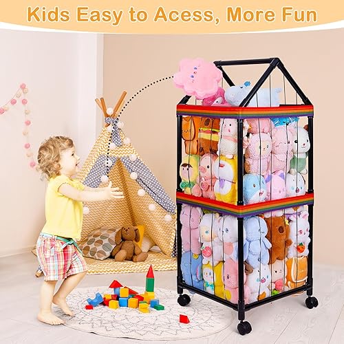 Miniatura 5 de FIOBEE Zoo de almacenamiento de animales de peluche con ruedas, organizador de almacenamiento de juguetes de peluche movible de 360 grados, jaula