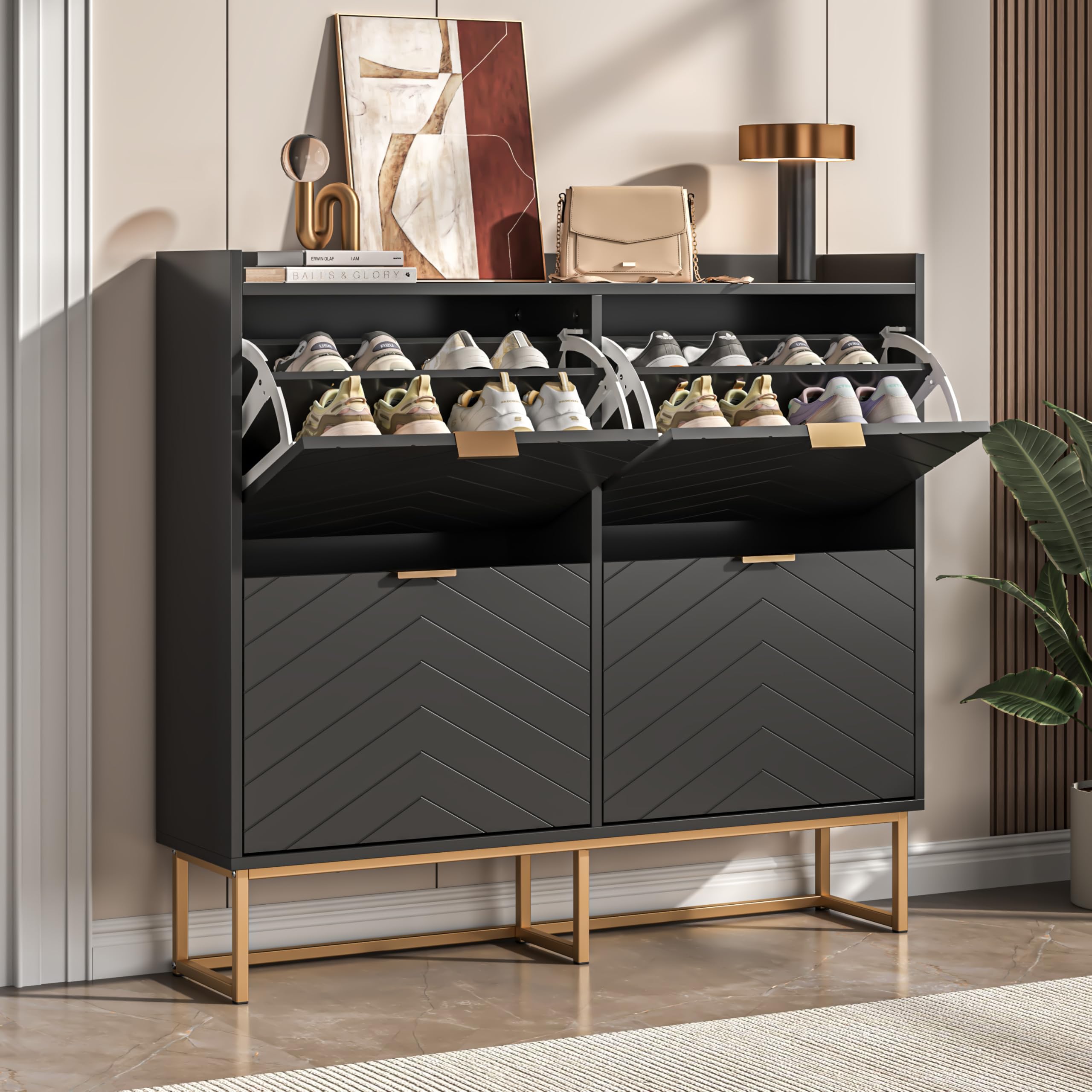 UEV Slim Shoe Storage Cabinet with 4 Flip Drawers, Hidden Shelf & Modern V-Line Design – Narrow Unit for Hallway, Entryway or Living room, Black — image 1