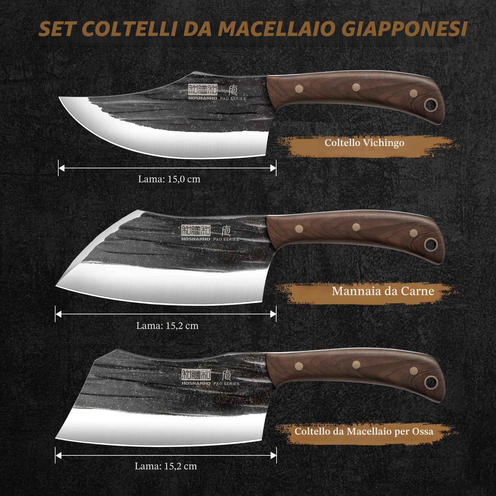 HOSHANHO Set di Coltelli da Macellaio, set di 3 Coltello da Cuoco in Acciaio ad Alto Tenore di Carbonio, Coltello da Mannaia Resistente, Coltello Vichingo per Casa Cucina Campeggio All'aperto BBQ