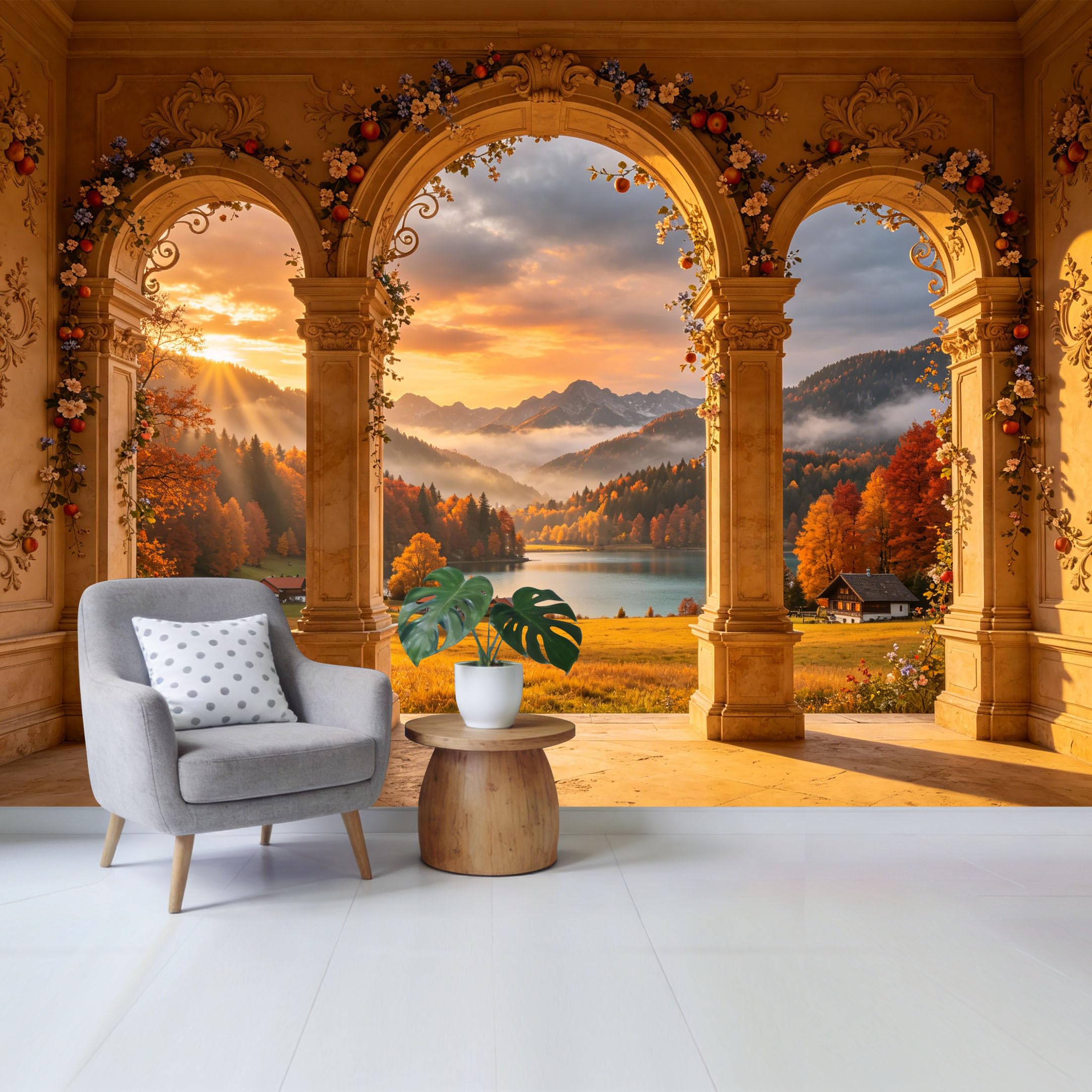 Removable Self Adhesive Fabric Mural， Neoclassical Arch Sunset Mountain Lake Custom Size Wall Covering， UV Protected Waterproof Washable Wall Decor for Living Room Bedroom Bathroom