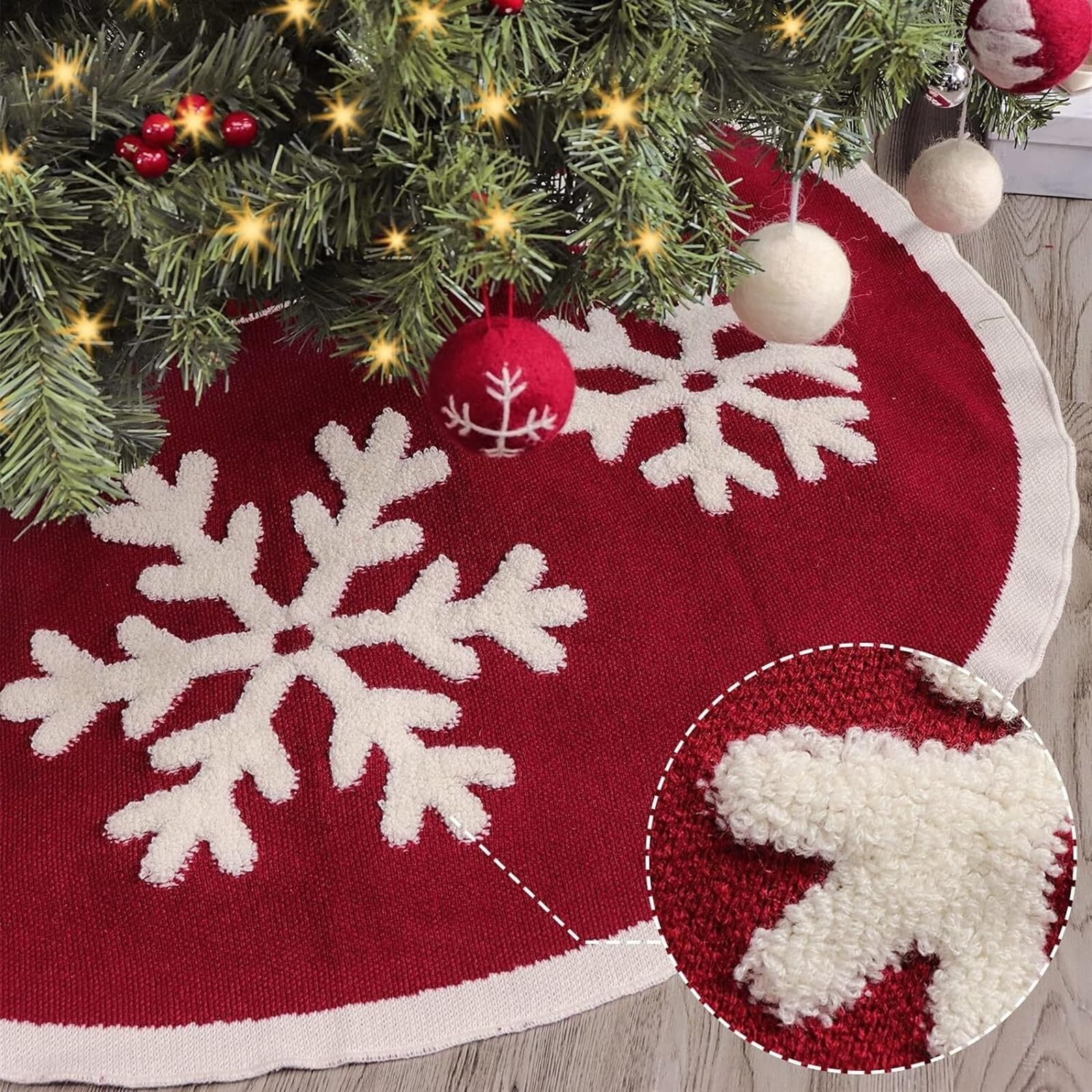 Weihnachtsbaum Rock, Gestrickter Weihnachtsbaumrock 48 Zoll Weinrote Weihnachtsdekoration Mit Weißen Schneeflocken Decke Weihnachtsbaum
