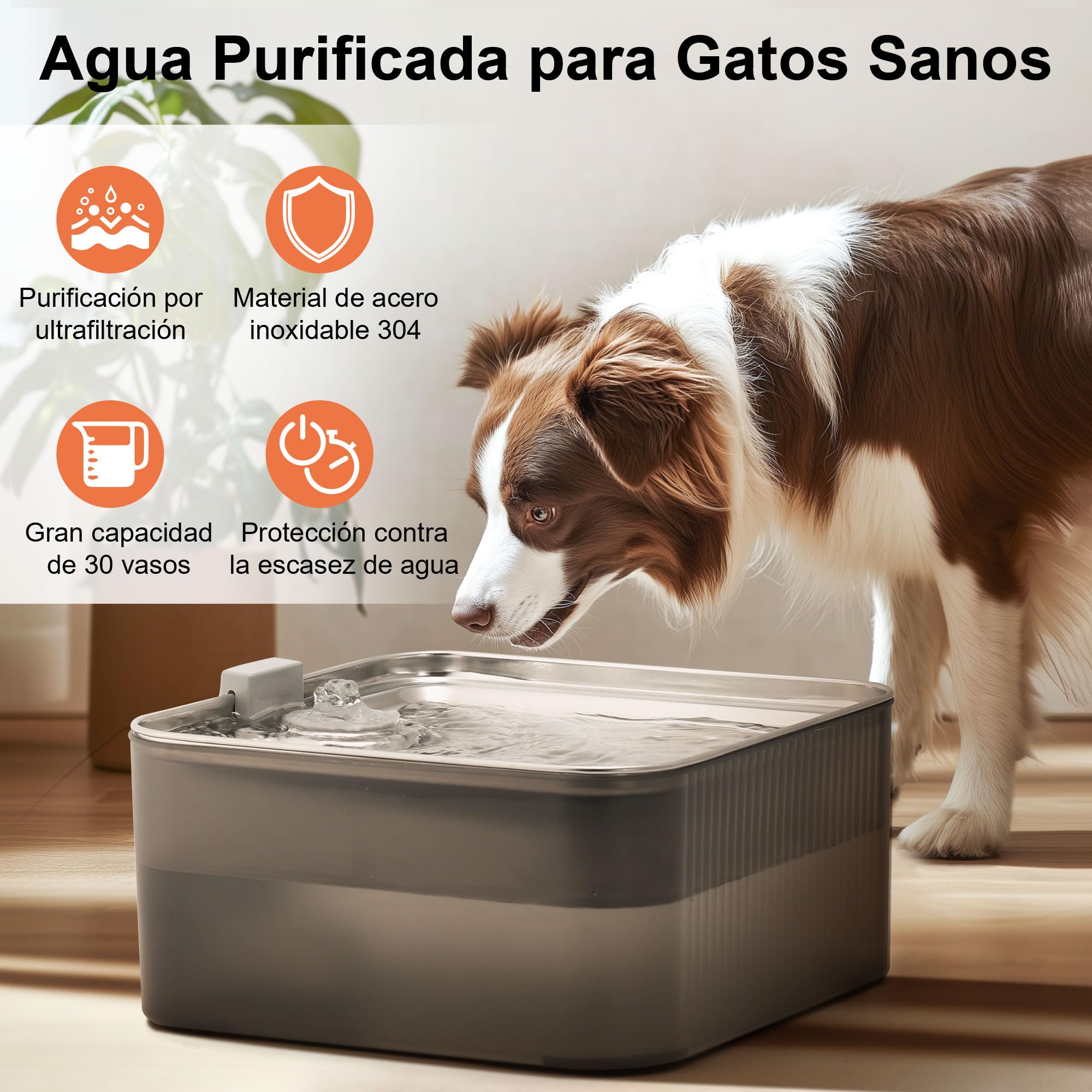 FUKUMARU Fuente para Perros y Gatos de 7 L con filtración de 5 Capas, de Acero Inoxidable con Bomba silenciosa, con protección contra sobrecarga, para Perros Grandes/Varios Gatos, con 3 filtros