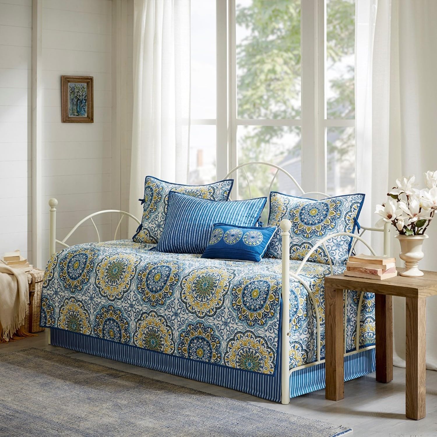 6 Piece Reversible Daybed Cover Set Blue Cotton Quilted Medallion Print Cozy Retreat