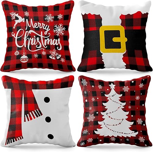 KatchOn, Fundas de almohada de Navidad a cuadros rojos, 18 x 18 pulgadas, paquete de 4 fundas de almohada a cuadros navideños, fundas de almohada a