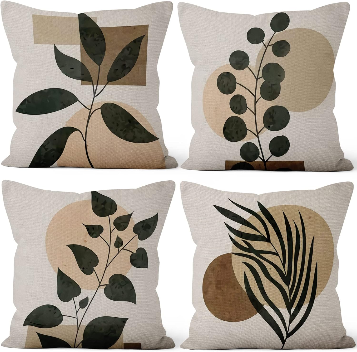 Yeele 22x22inches Abstract Leaves Geometry Throw Pillow Cover Boho Modern Decorative Pillow Case Set of 4 Linen Fabric Square Cushion Case for Sofa Couch Chair Bed Car Outdoor Indoor Home Decors