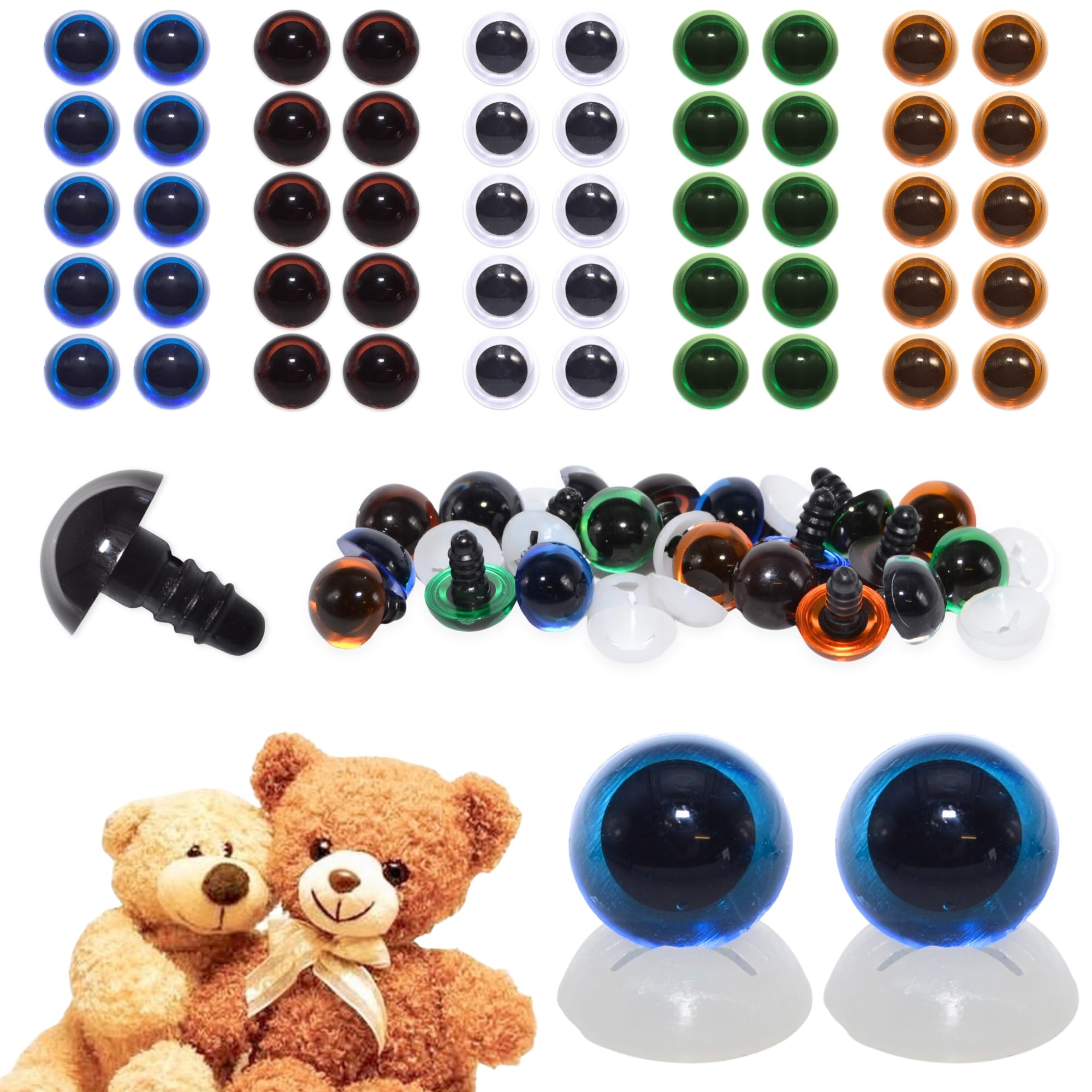 celloexpress 15mm Transparent Mixed Eyes with Plastic Backs - Safety Eyes for Soft Toy Teddy Bear Animal Making (Pack of 50 Pairs)