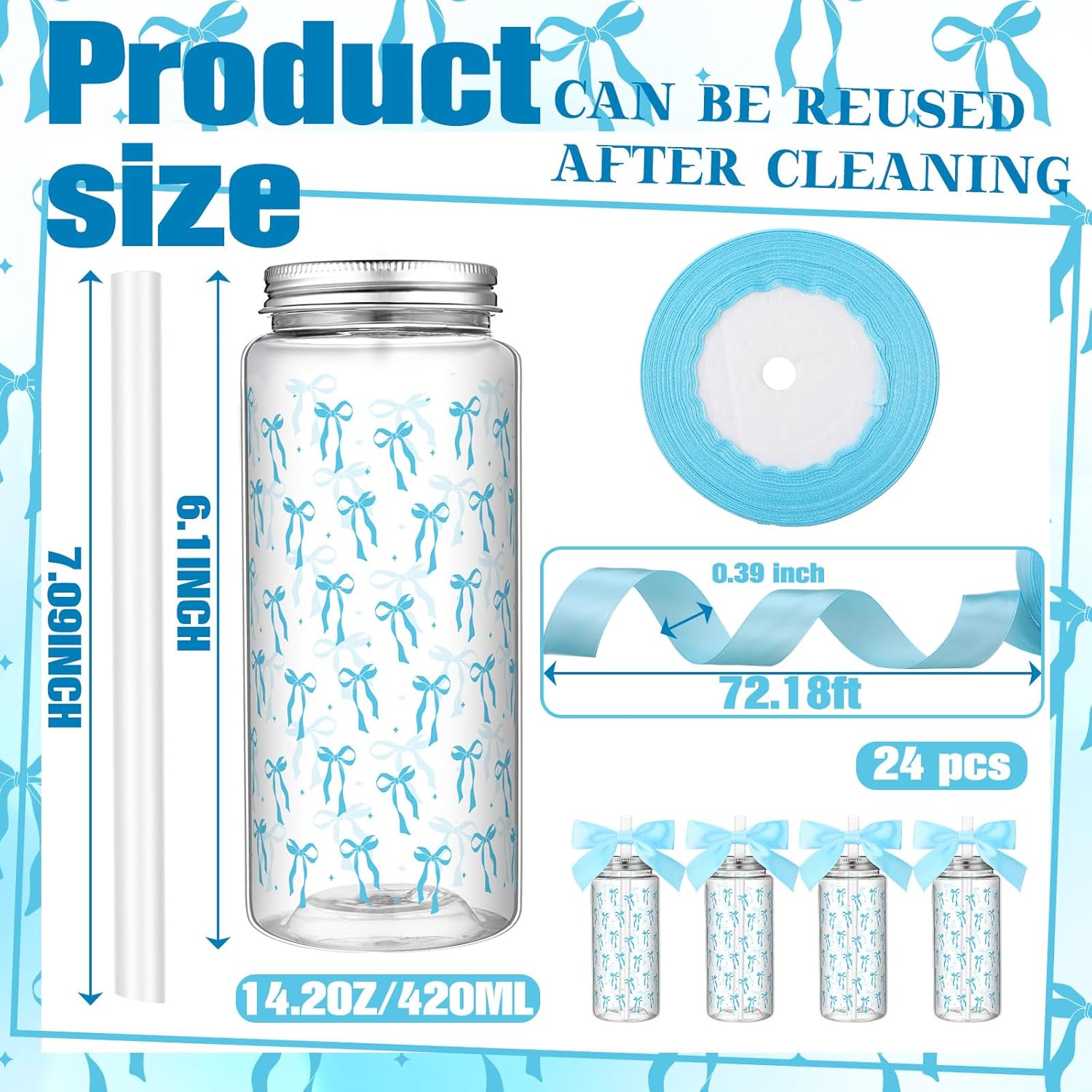 Blue 24 Pcs Bow Gift Cups Bulk for Women Girls Birthday Party Favors Supplies 14 oz Reusable Plastic Tumbler Cup with Lids Straws Pastel Coquette Bow Gifts Cups for Party Decorations