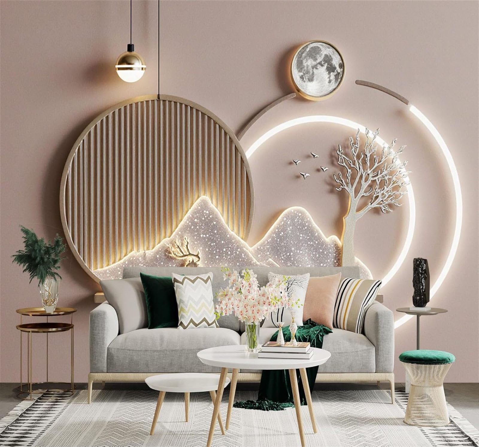 Xlming 300Cm×210Cm(B×H) Minimalist Deer Trees Moonlight Mountains Art 3D Wallpaper Silky Texture Home Study Office Grey Dining Room Sofa Bedroom Living Room Tv Backdrop-300Cm×210Cm