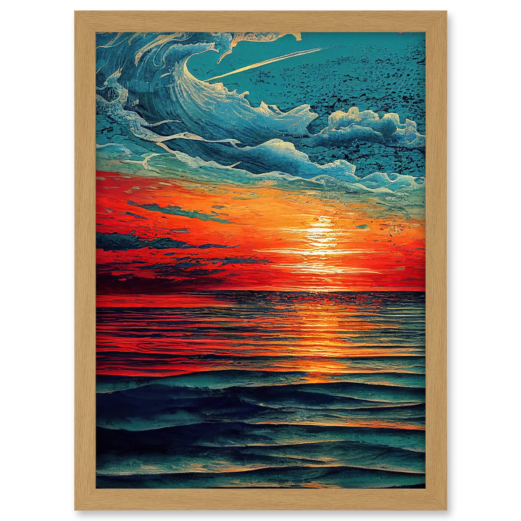 Artery8 Seascape Scarlet Sunrise Fiery Horizon Clouds Artwork Framed A3 Wall Art Print