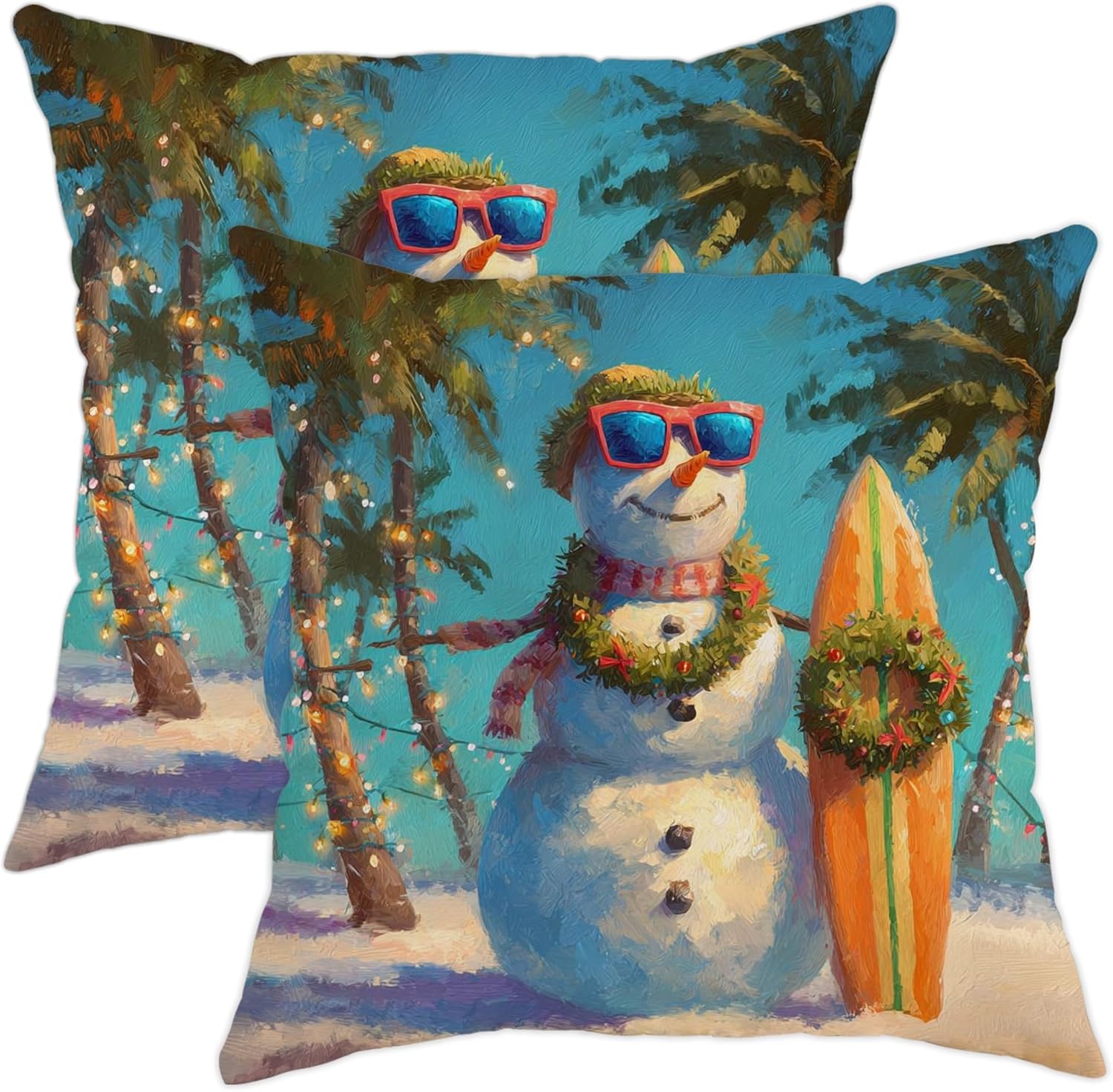 Winter Throw Pillow Covers Set of 2, Snow Man and Surfboard Decorative Cushion Covers, Holiday Outdoor Farmhouse Style Pillow Cases for Home Sofa Bed Couch 28x28 Inch
