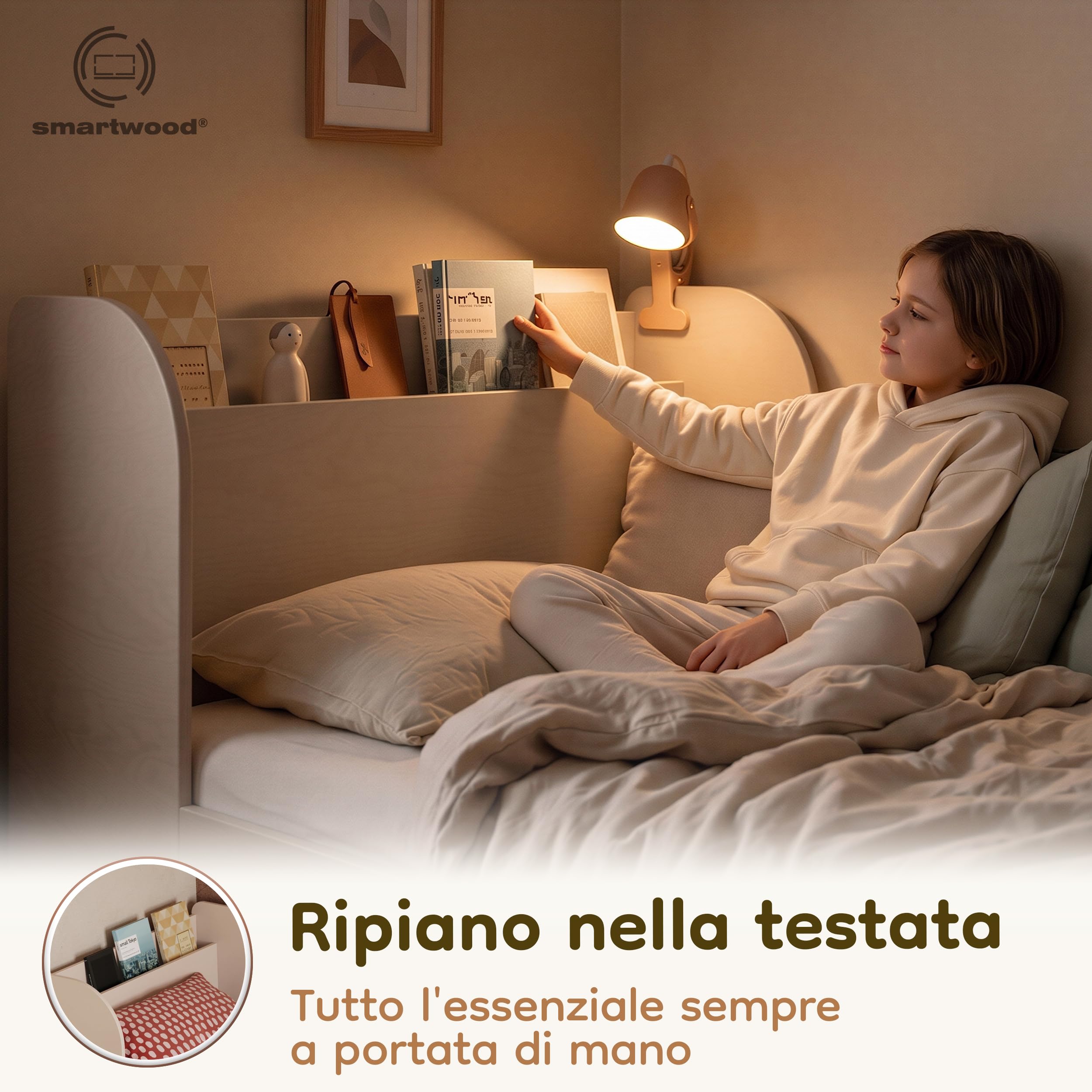 smartwood Letto Bambino 100x200 cm con Cassetto, in Legno, Cachemire Flou D | incl. Cassetto, Testiera con Ripiano, Rete fino a 230 kg, in Legno di Pino FSC, Letto per Ragazze & Ragazzi dai 3 anni