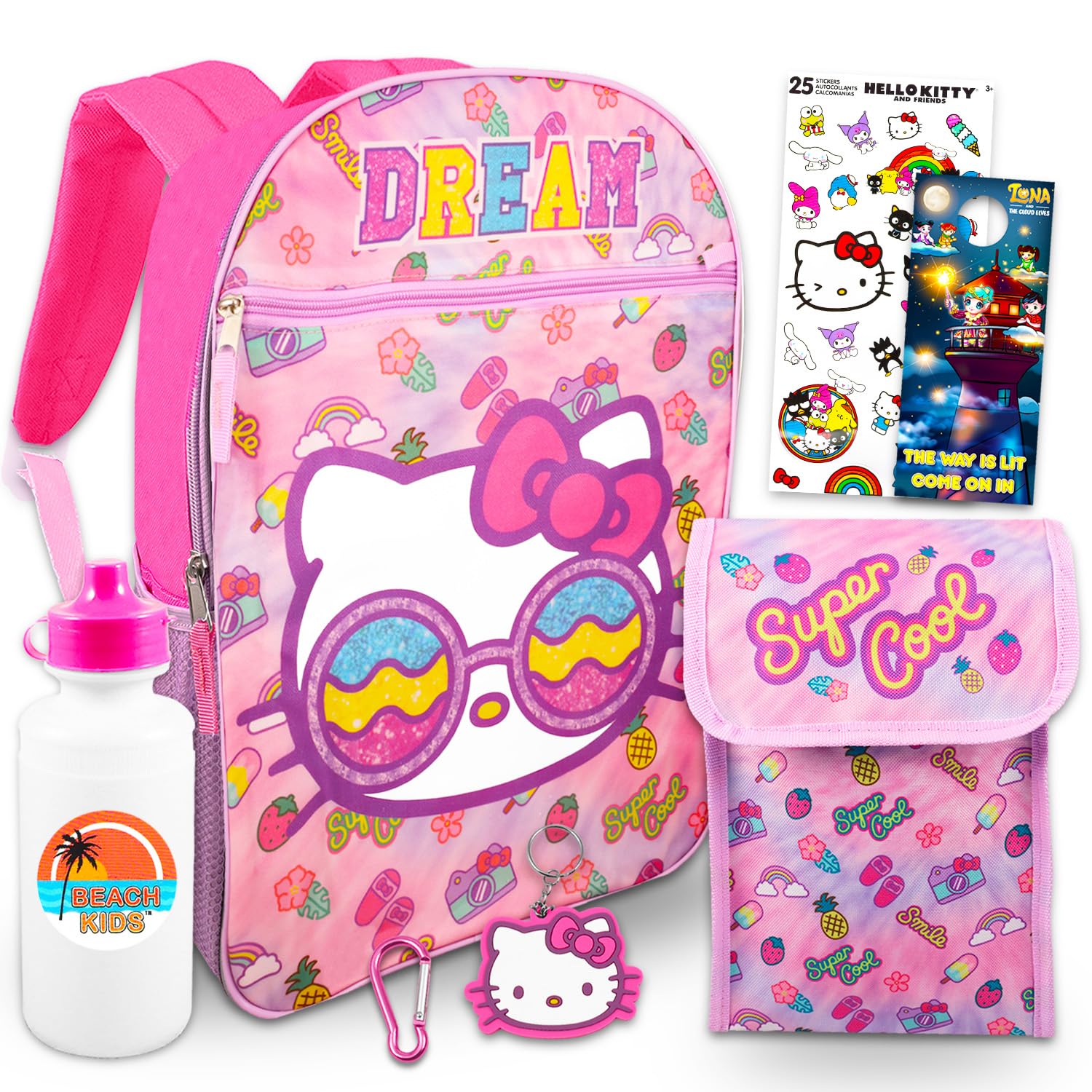 Hello Kitty Backpack with Lunch Box - Bundle with 16” Sanrio Backpack for Girls, Lunch Bag, Water Bottle, Stickers, Keychain, More | Hello Kitty
