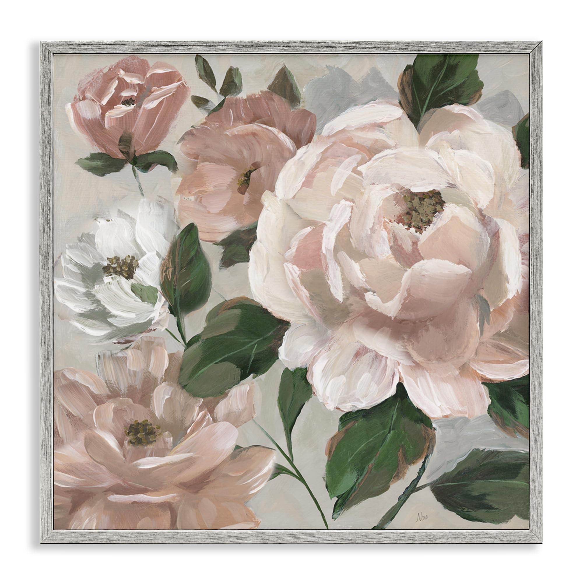Stupell Industries Farmhouse Gray (Textured) Delicate Blush Peonies With Leaves, 17 X 17 Inch Framed Giclée Print